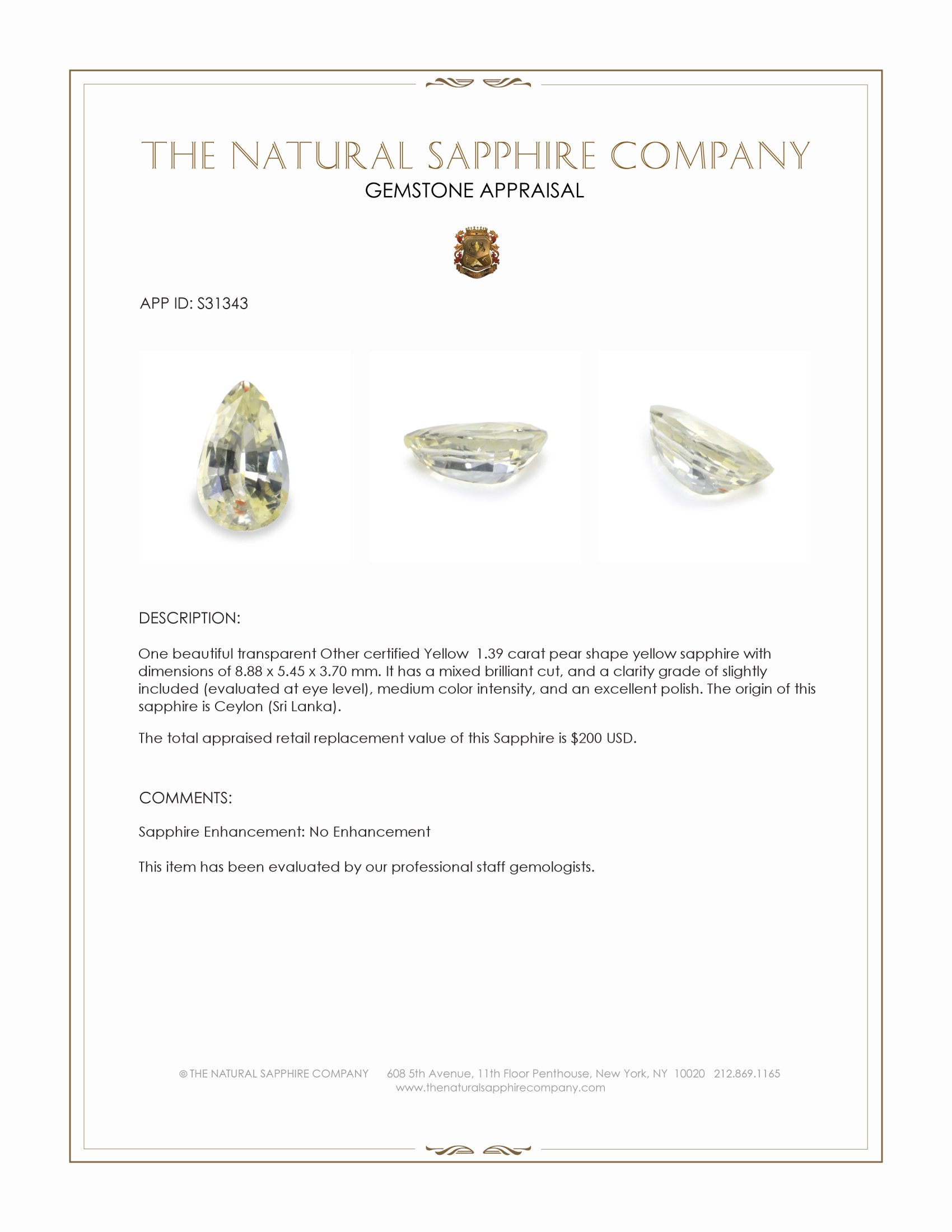 1.39 Ct. Yellow Sapphire from Ceylon (Sri Lanka)
