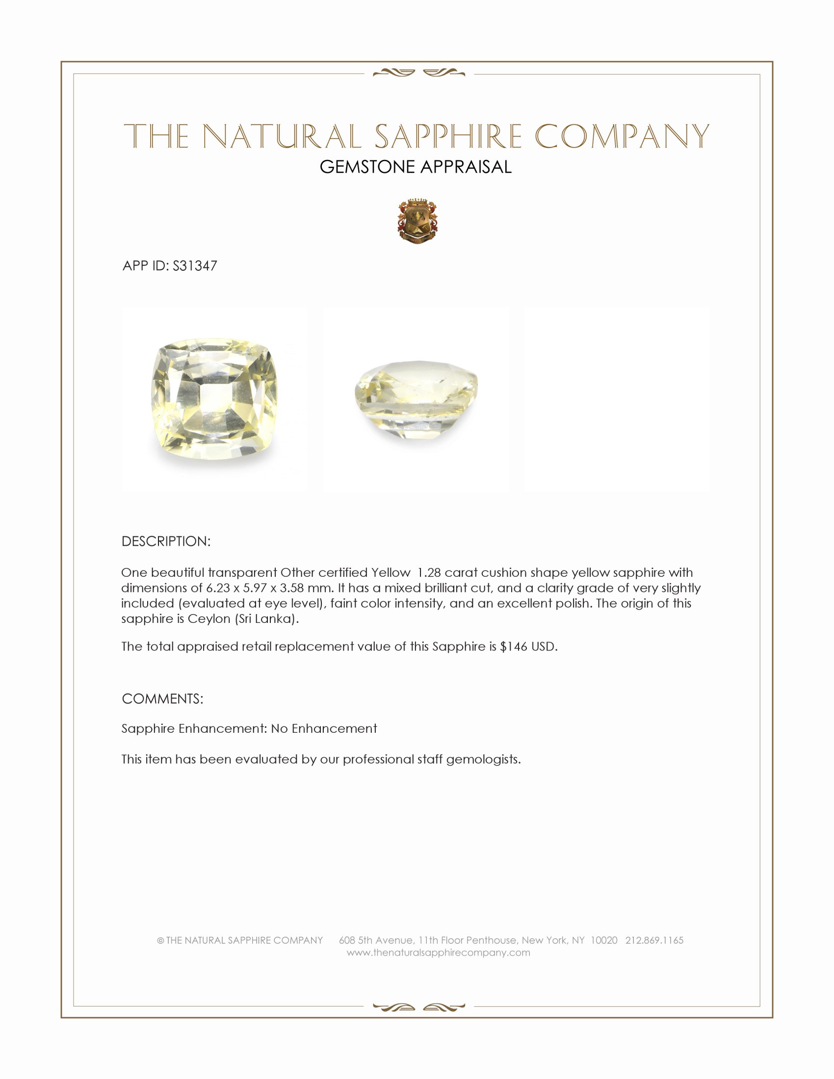 1.28 Ct. Yellow Sapphire from Ceylon (Sri Lanka)
