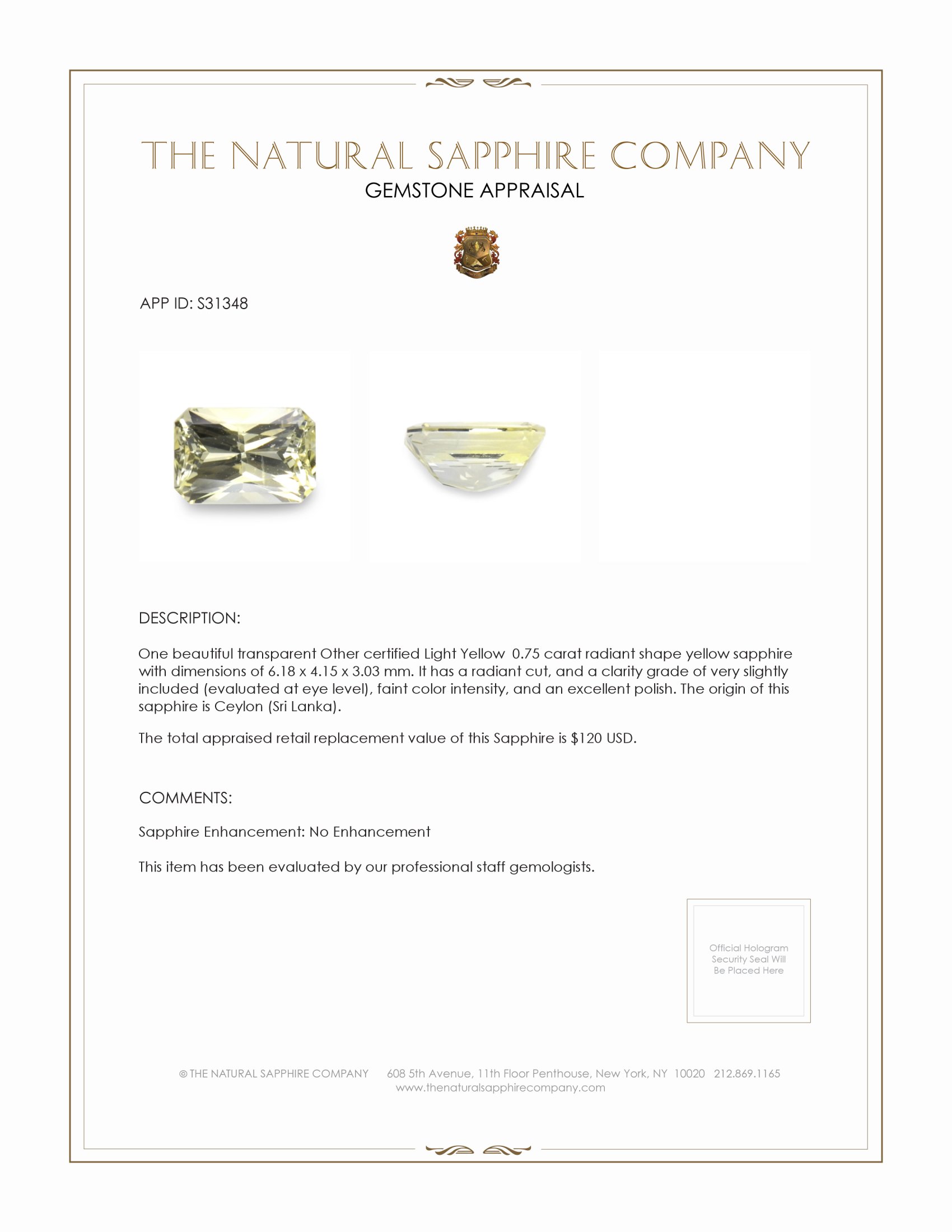 0.75 Ct. Yellow Sapphire from Ceylon (Sri Lanka)