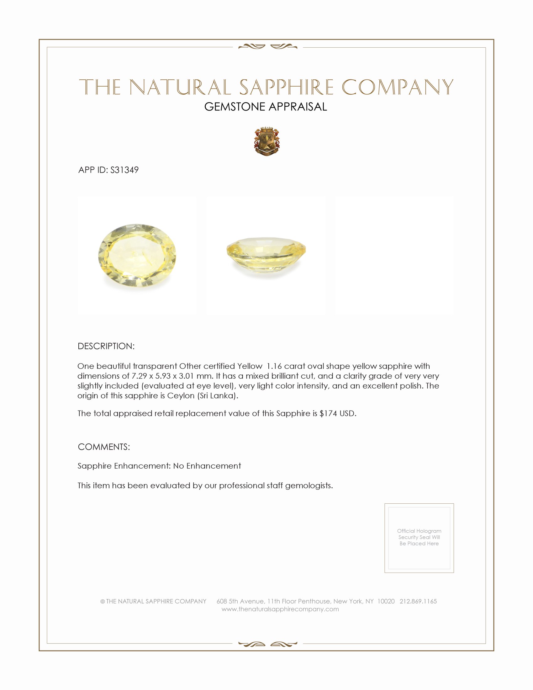 1.16 Ct. Yellow Sapphire from Ceylon (Sri Lanka)