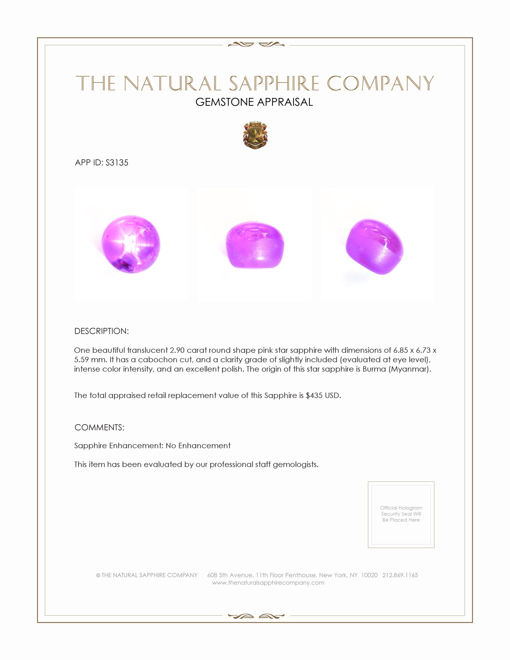 2.90 Ct. Pink Star Sapphire from Burma (Myanmar)