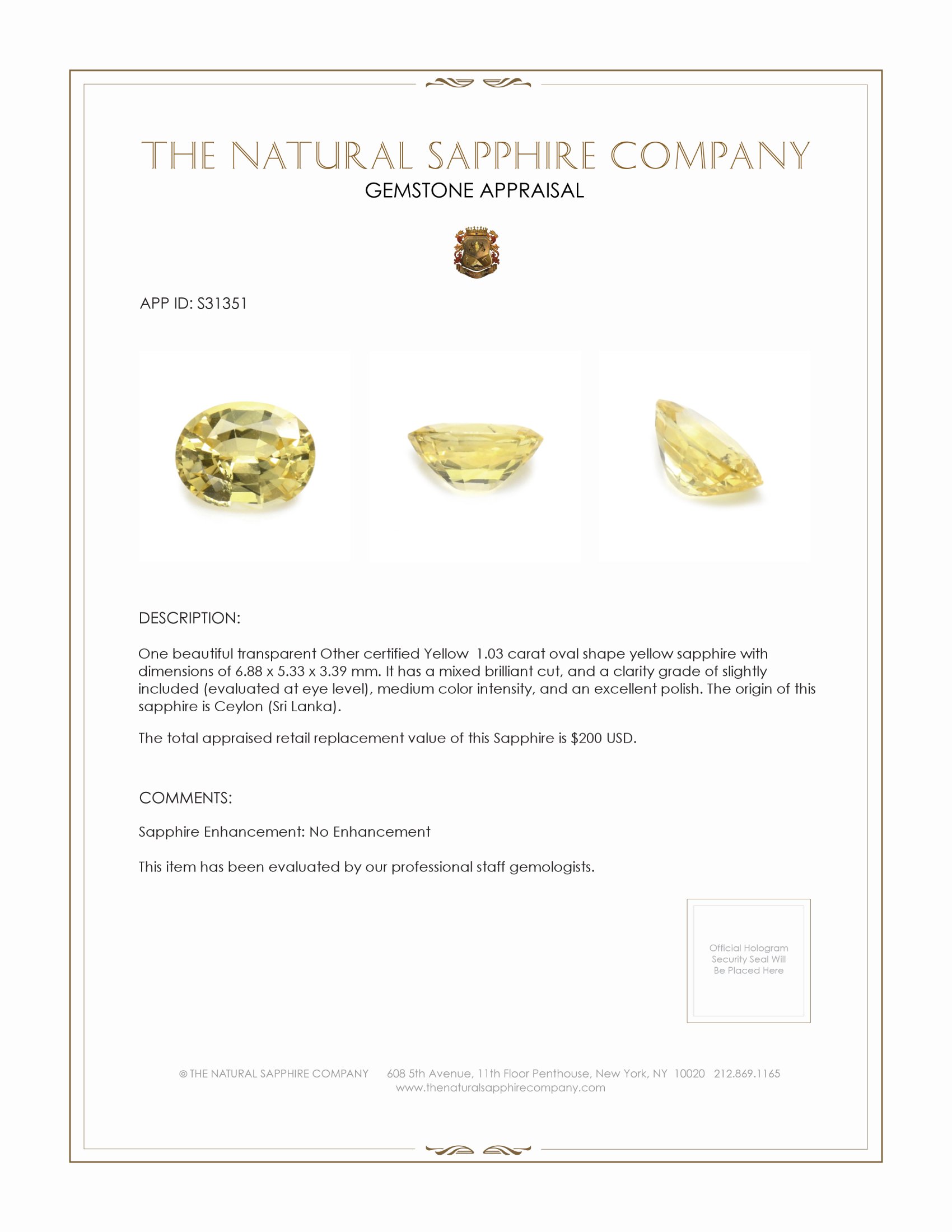 1.03 Ct. Yellow Sapphire from Ceylon (Sri Lanka)