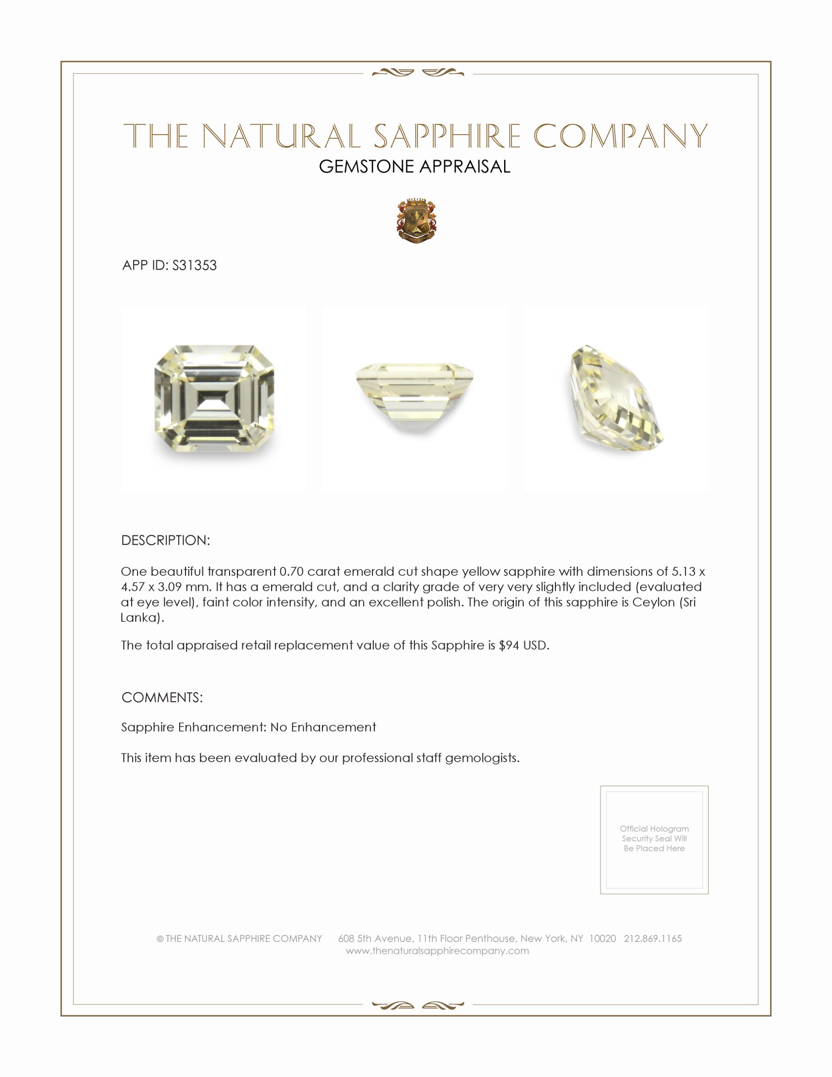 0.70 Ct. Yellow Sapphire from Ceylon (Sri Lanka)