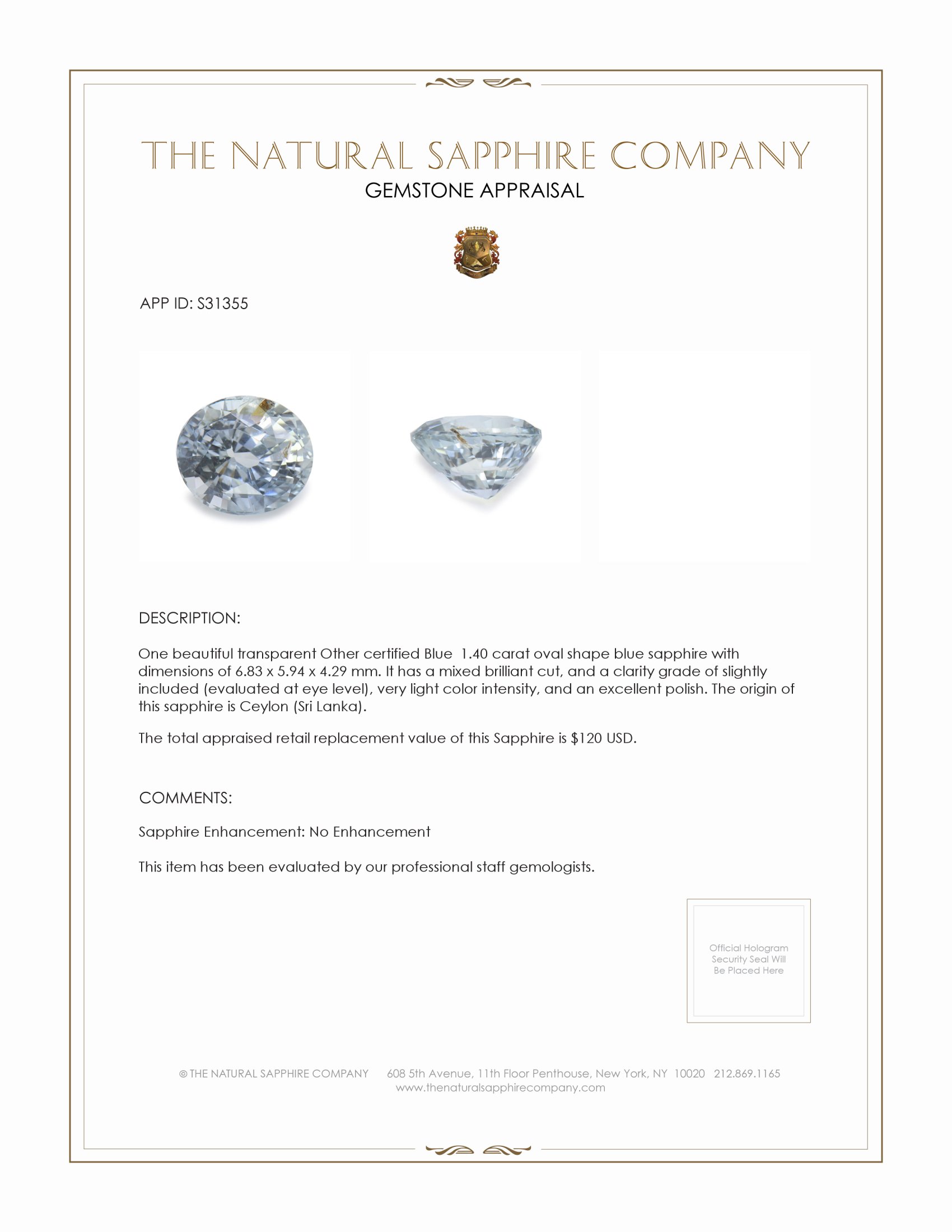 1.40 Ct. Blue Sapphire from Ceylon (Sri Lanka)