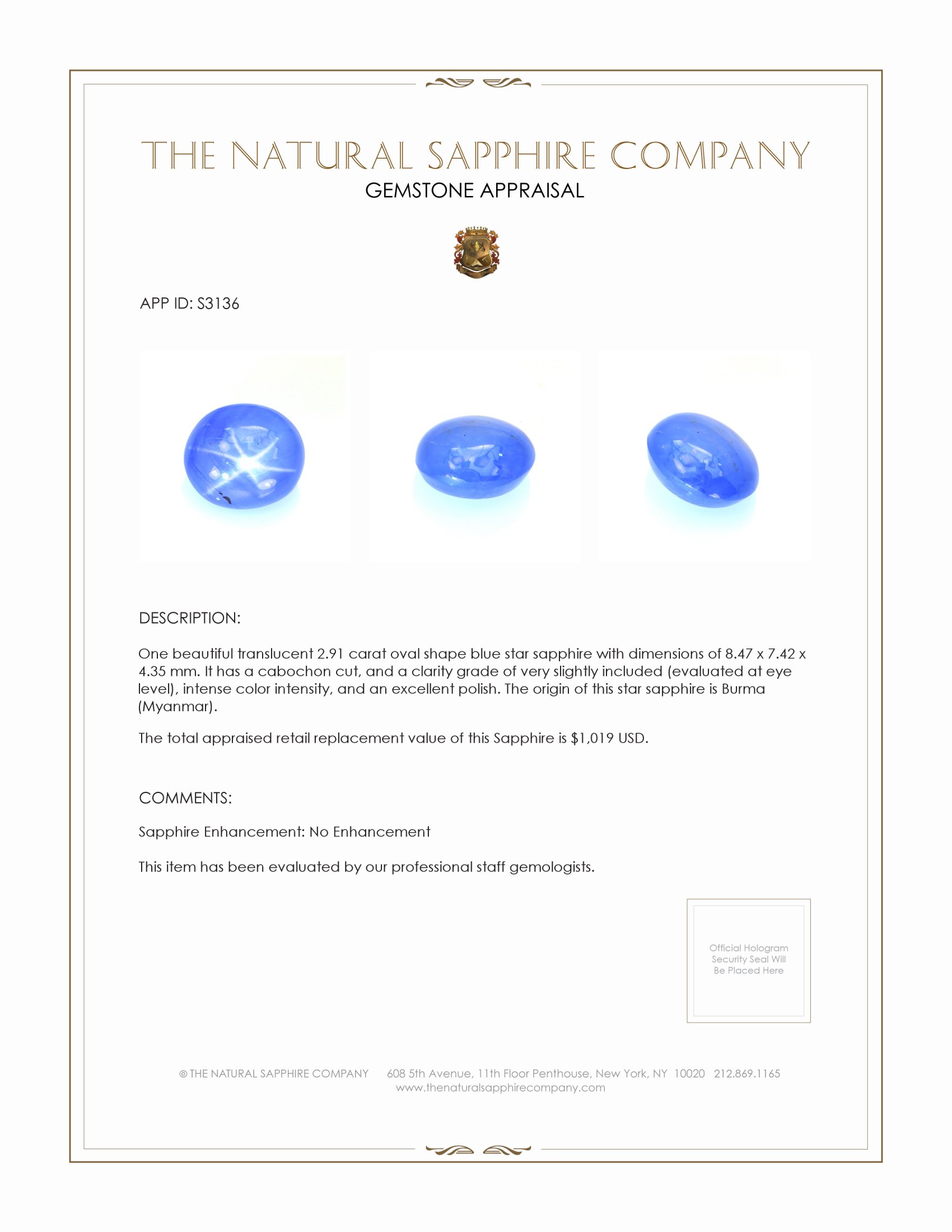 2.91 Ct. Blue Star Sapphire from Burma (Myanmar)