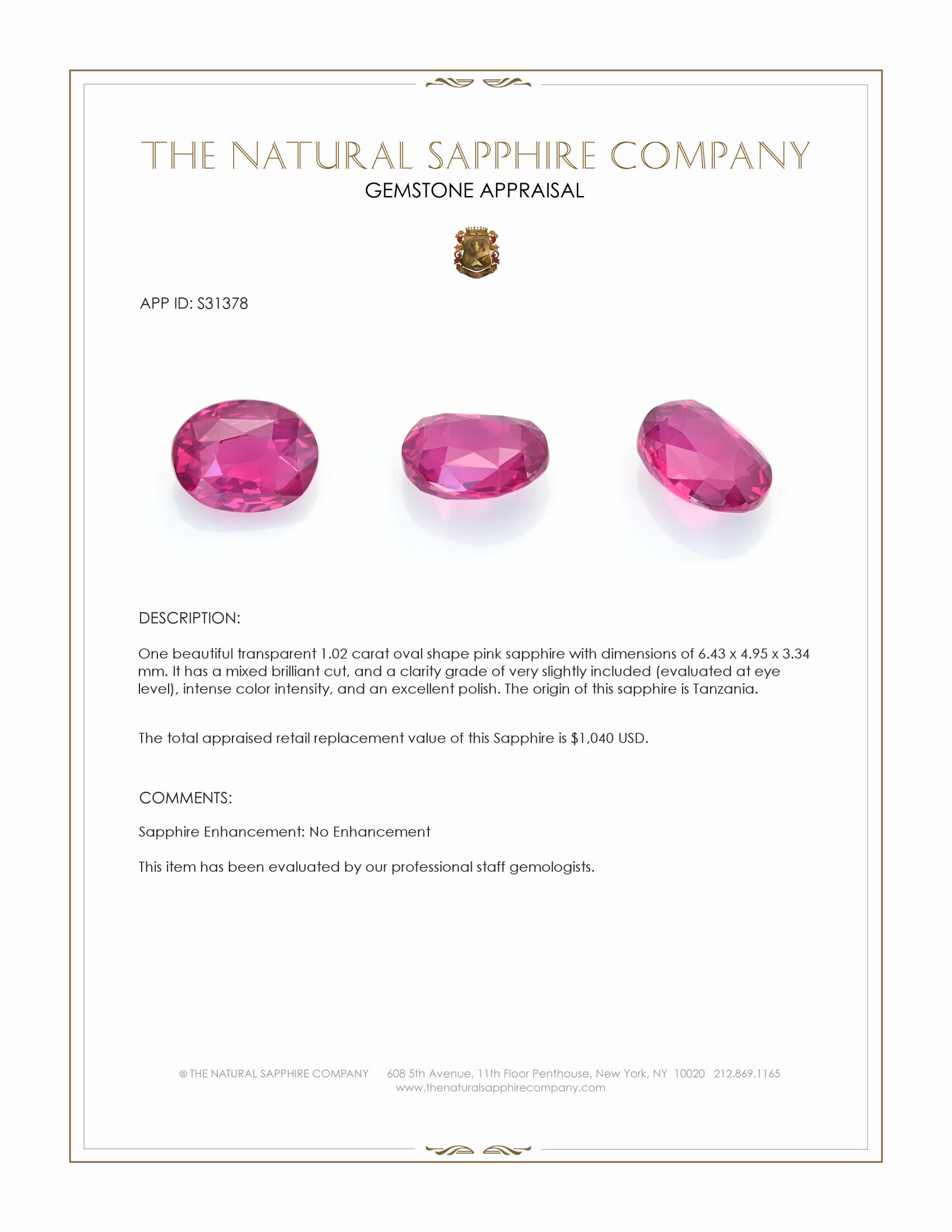 1.02 Ct. Pink Sapphire from Tanzania