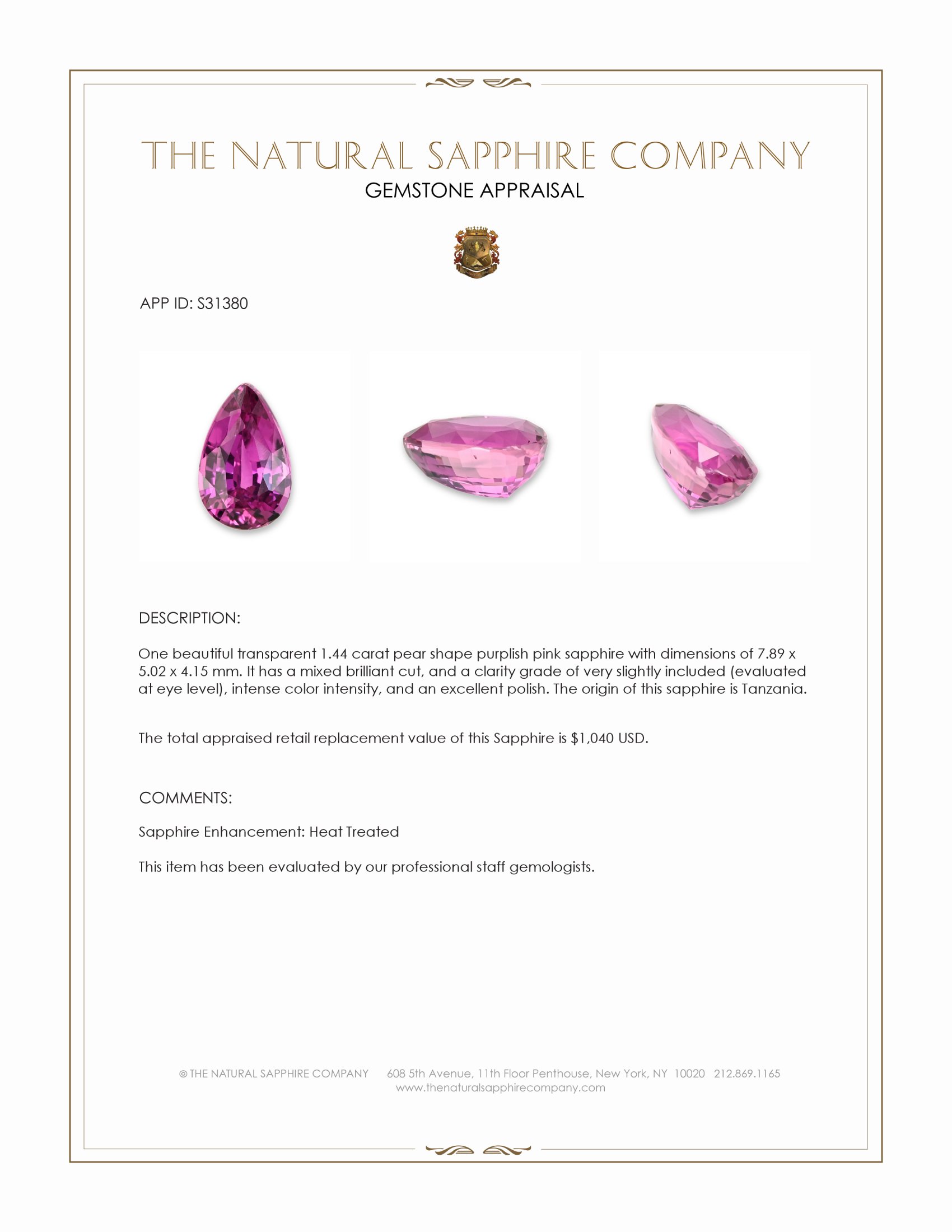 1.44 Ct. Purplish Pink Sapphire from Tanzania