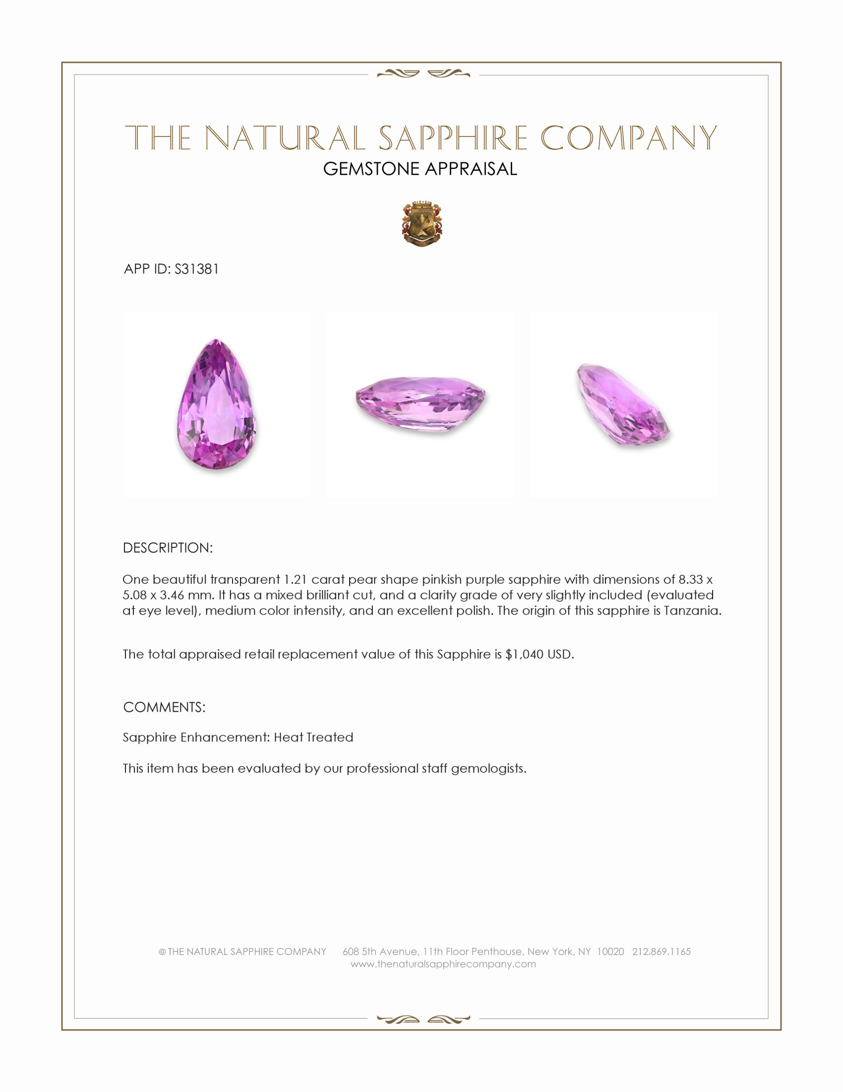1.21 Ct. Pinkish Purple Sapphire from Tanzania