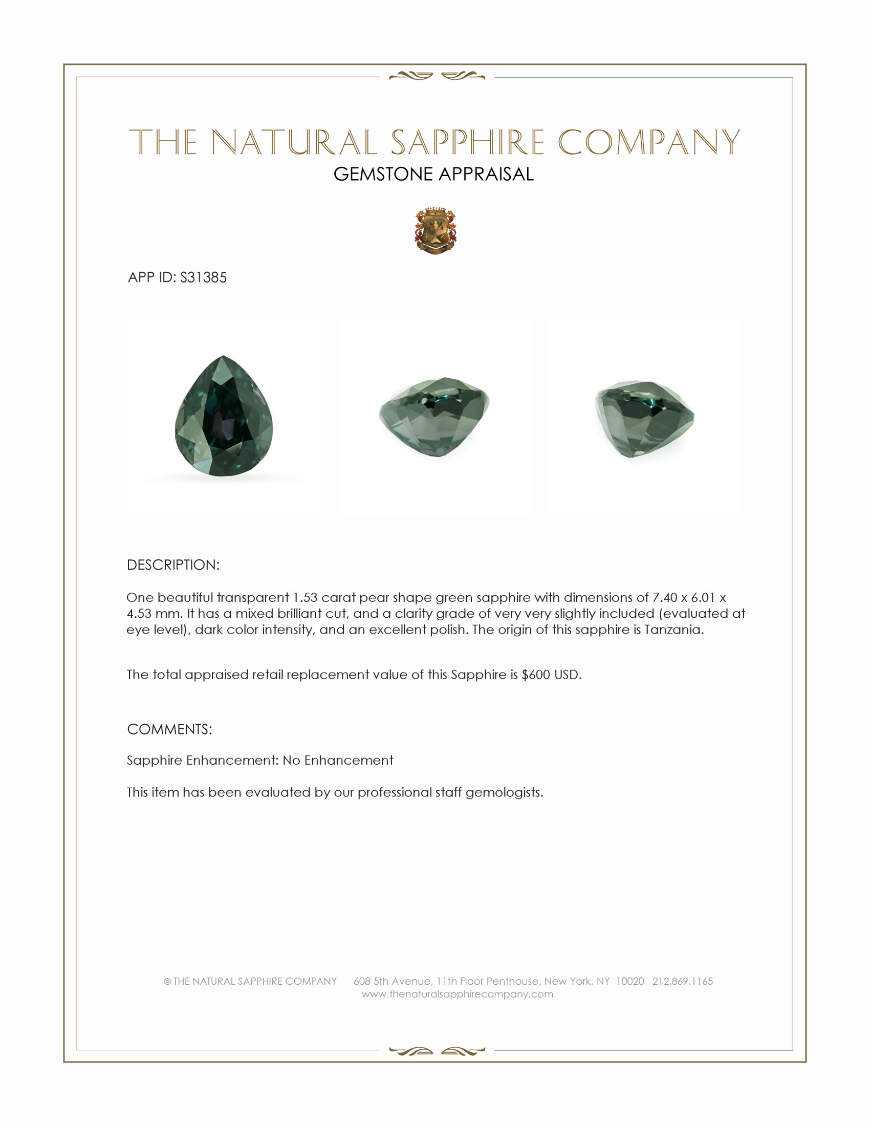 1.53 Ct. Green Sapphire from Tanzania