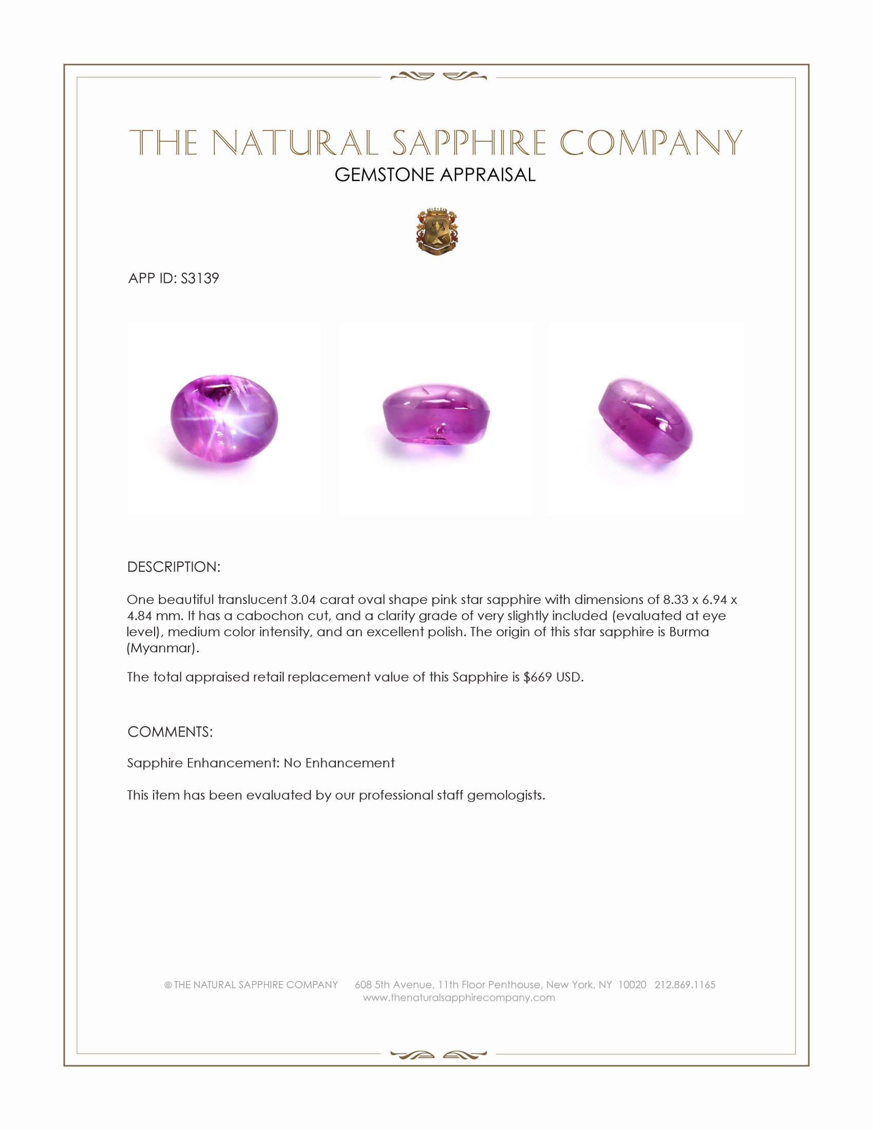 3.04 Ct. Pink Star Sapphire from Burma (Myanmar)