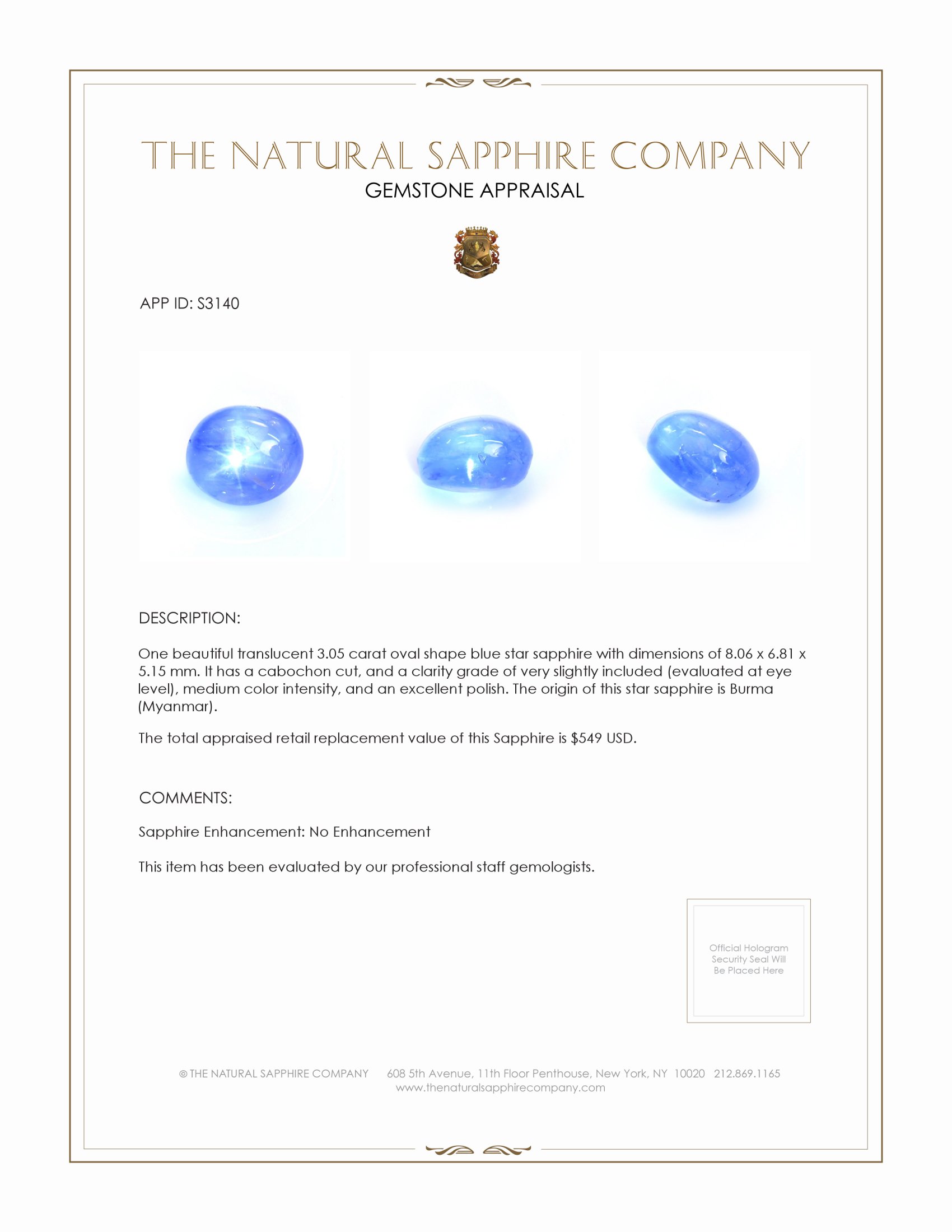 3.05 Ct. Blue Star Sapphire from Burma (Myanmar)