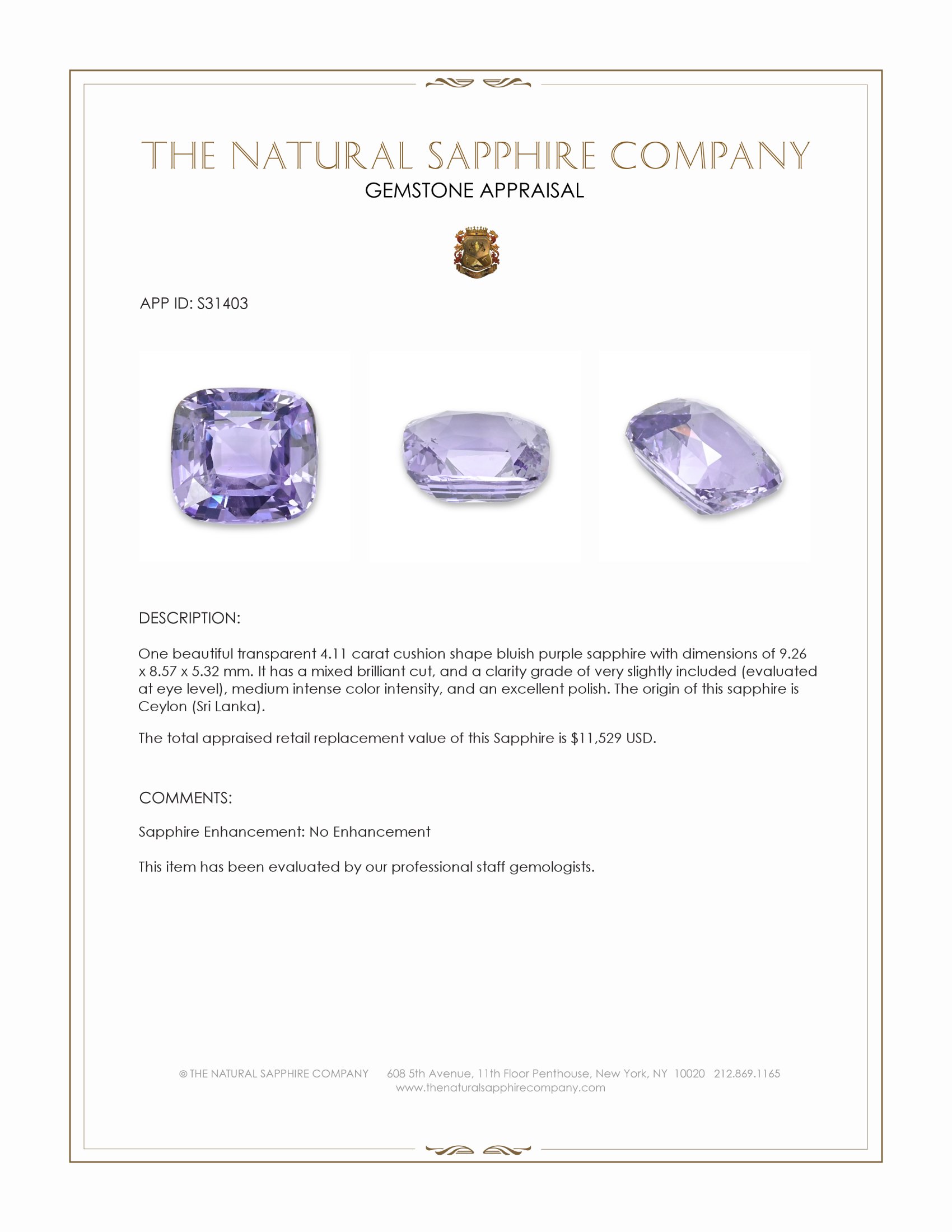 4.11 Ct. Bluish Purple Sapphire from Ceylon (Sri Lanka)