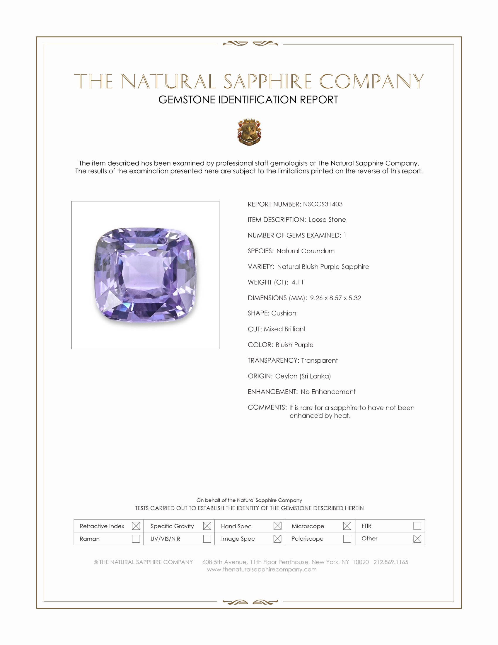 4.11 Ct. Bluish Purple Sapphire from Ceylon (Sri Lanka)