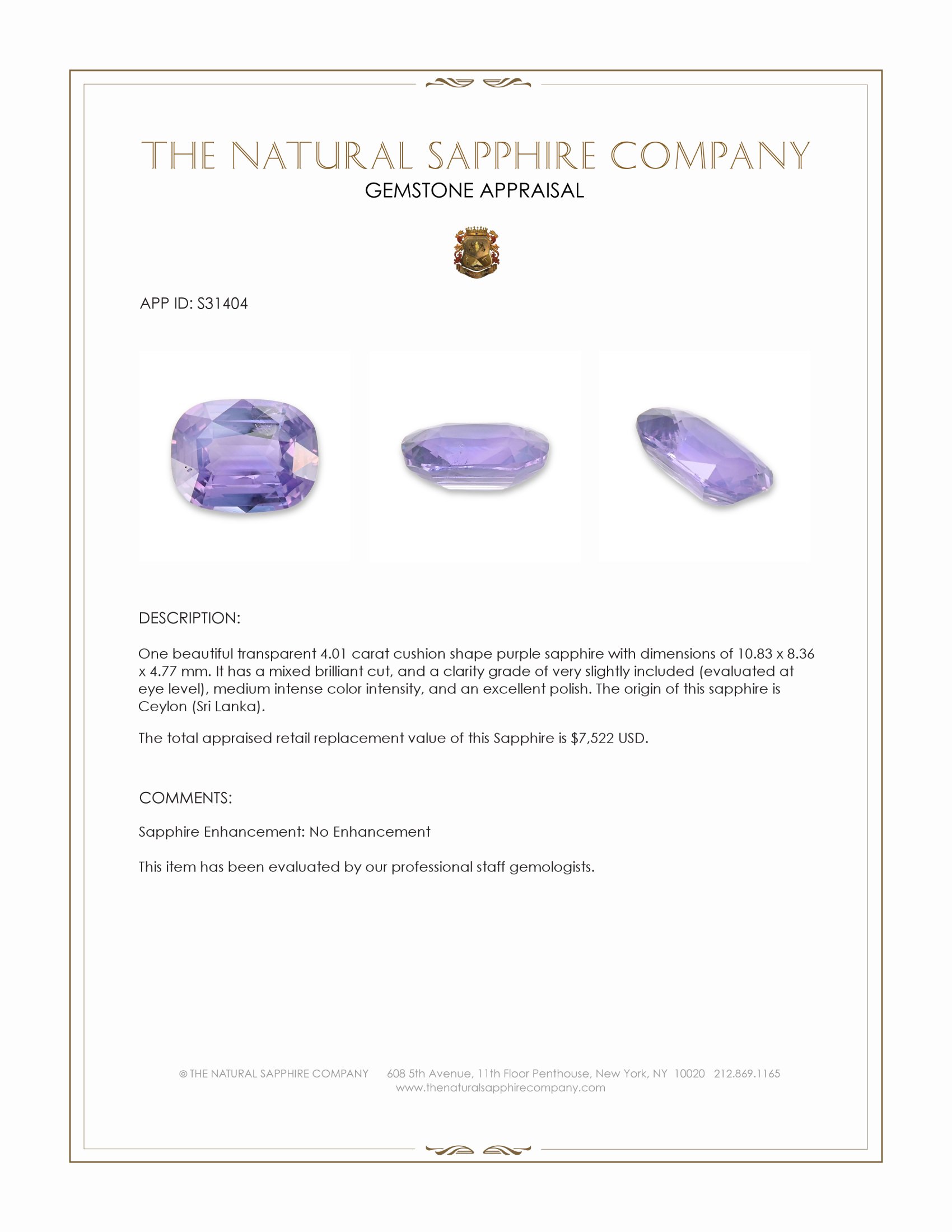 4.01 Ct. Purple Sapphire from Ceylon (Sri Lanka)