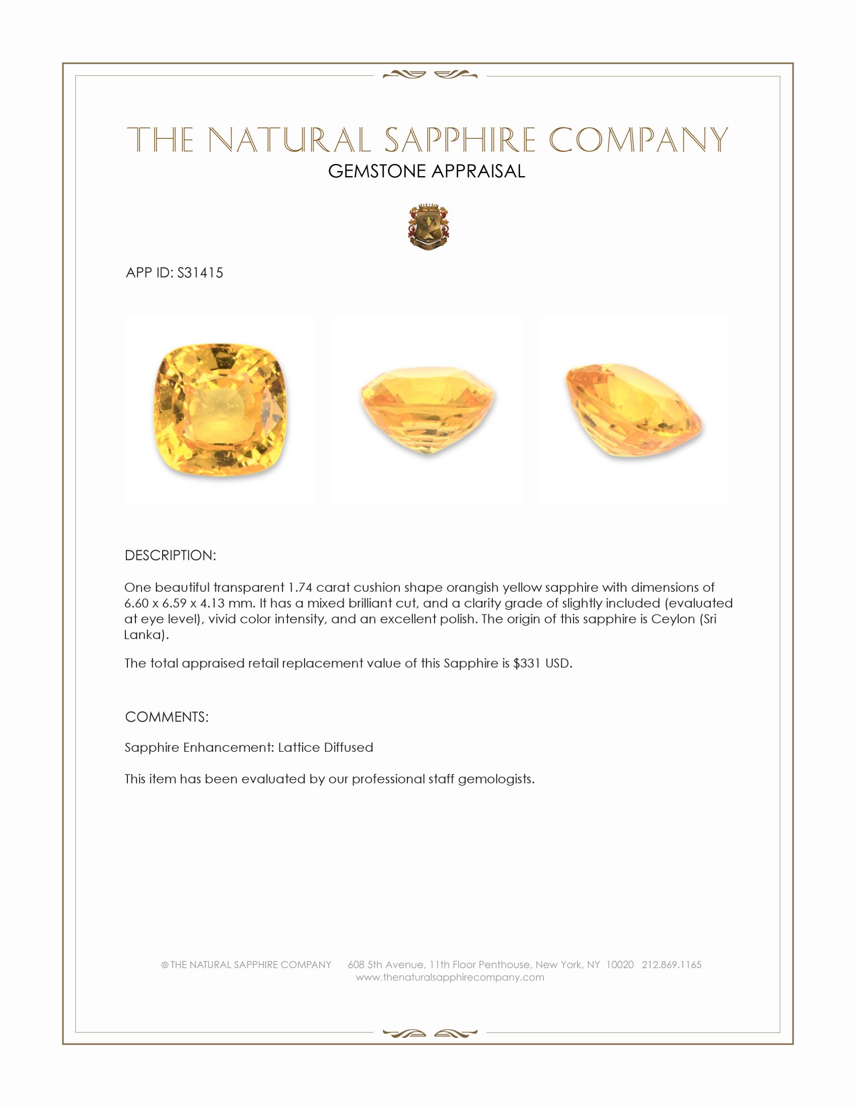 1.74 Ct. Orangish Yellow Sapphire from Ceylon (Sri Lanka)