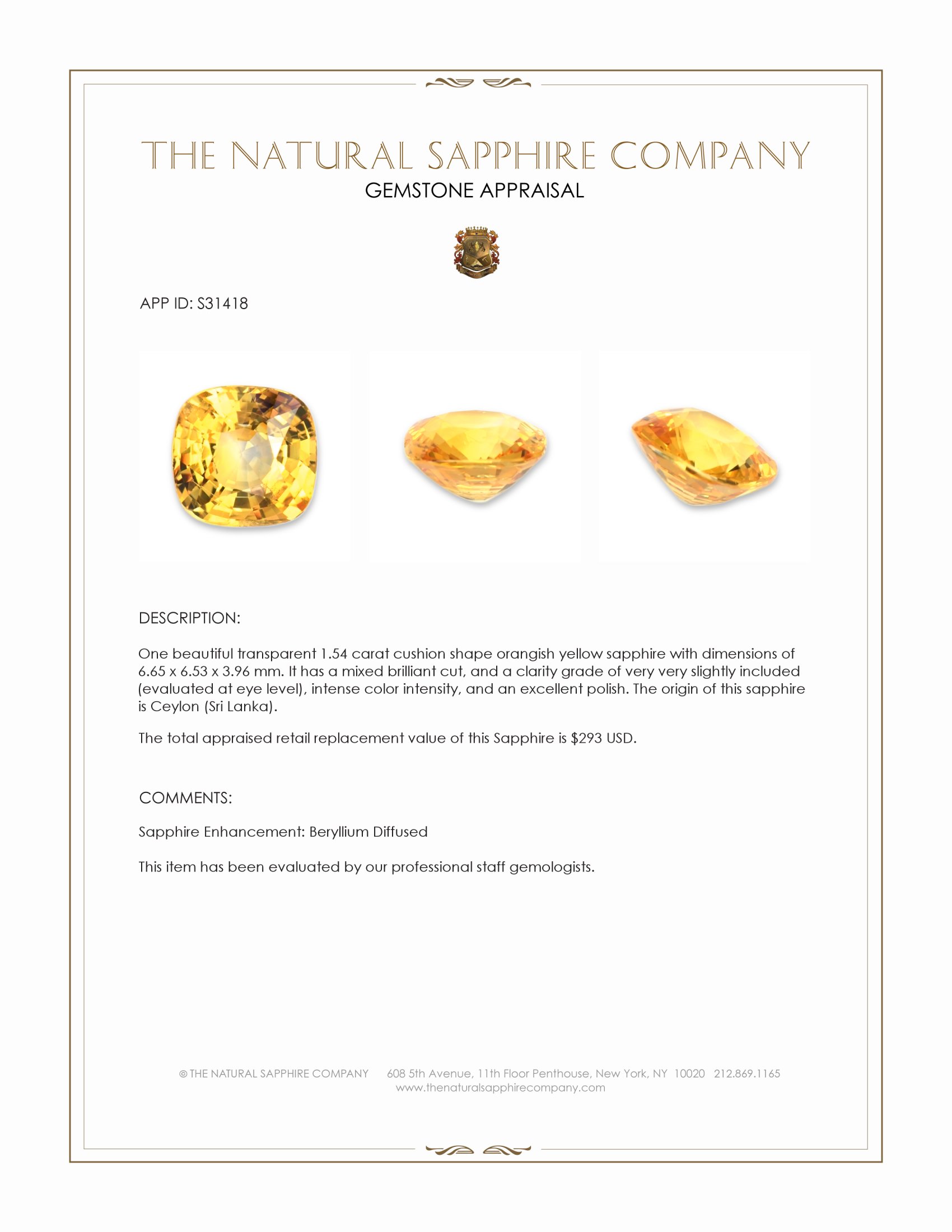 1.54 Ct. Orangish Yellow Sapphire from Ceylon (Sri Lanka)