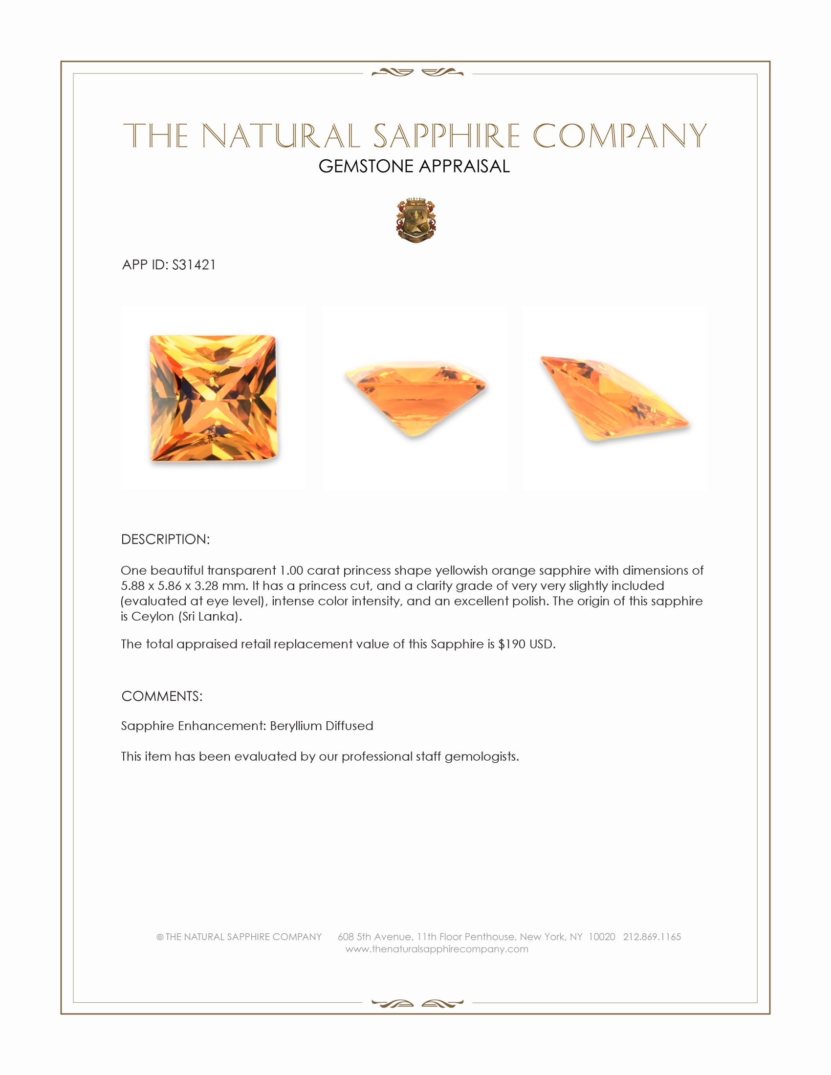 1.00 Ct. Yellowish Orange Sapphire from Ceylon (Sri Lanka)