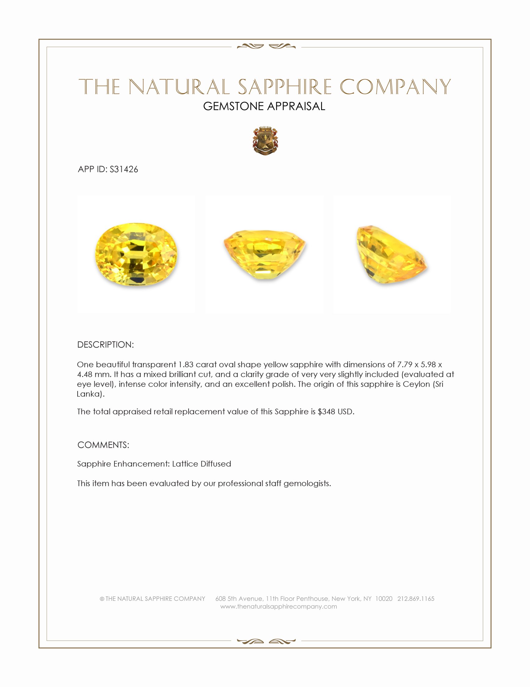 1.83 Ct. Yellow Sapphire from Ceylon (Sri Lanka)