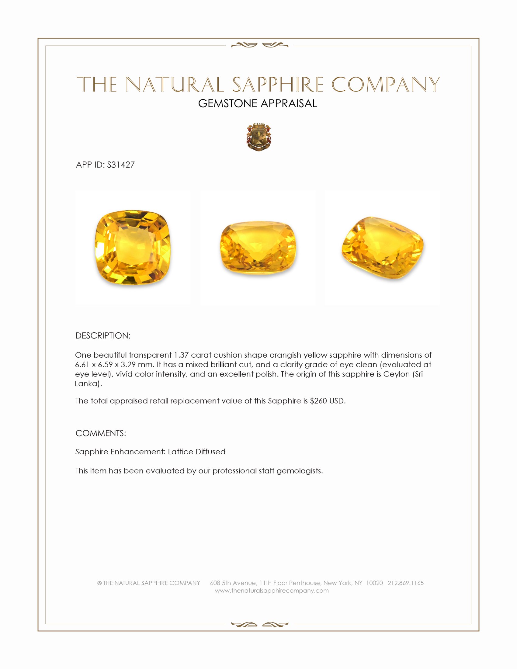 1.37 Ct. Orangish Yellow Sapphire from Ceylon (Sri Lanka)