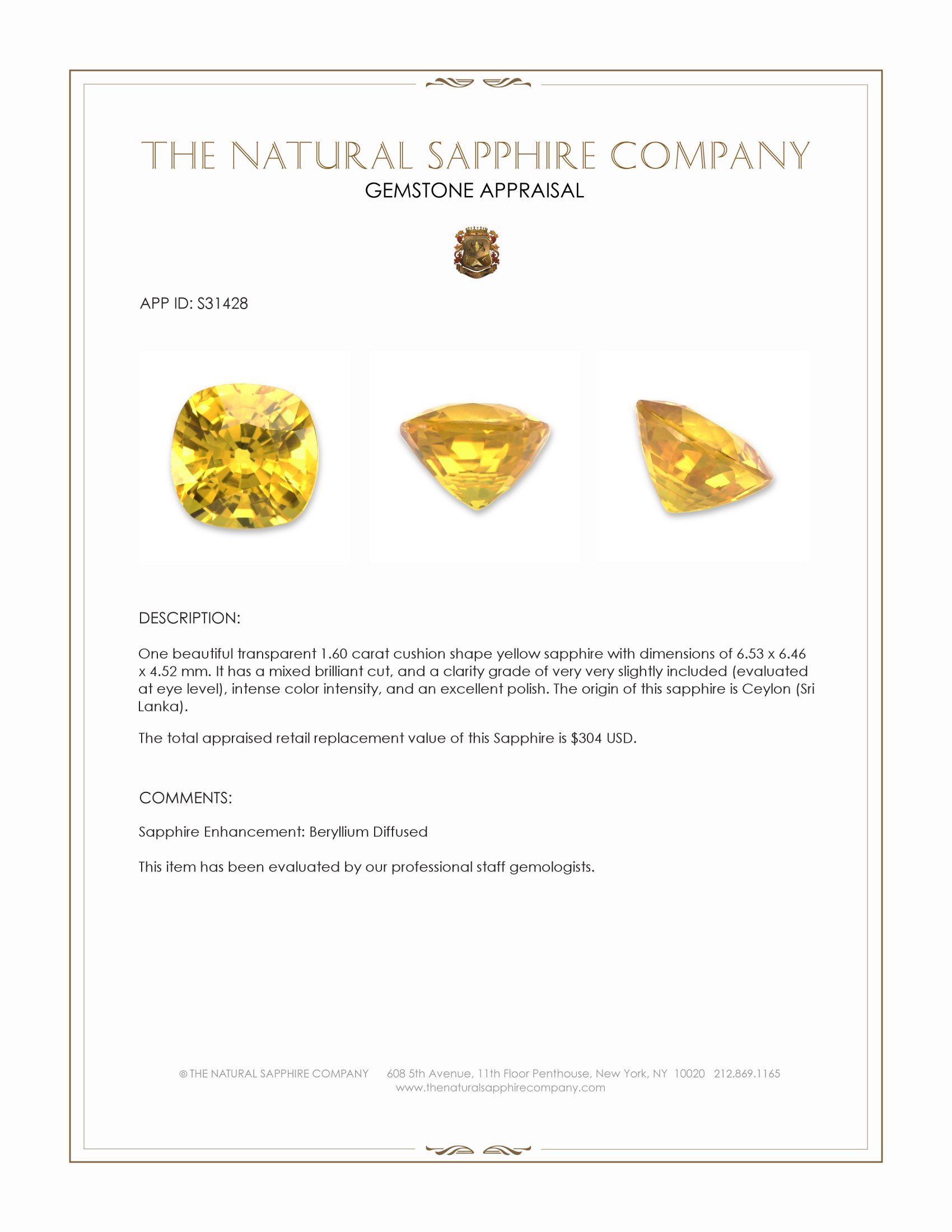 1.60 Ct. Yellow Sapphire from Ceylon (Sri Lanka)
