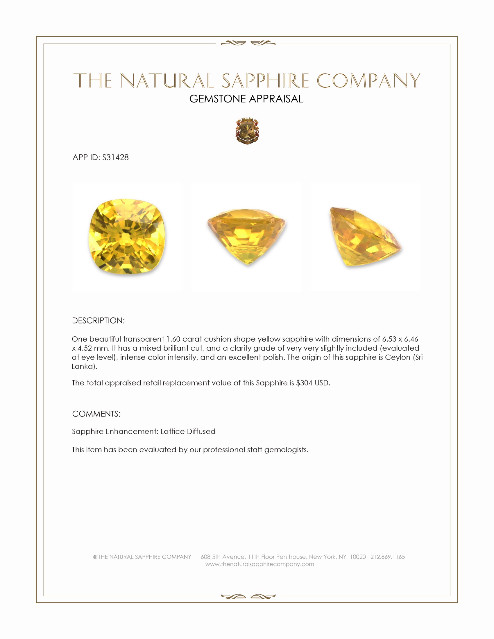 1.60 Ct. Yellow Sapphire from Ceylon (Sri Lanka)