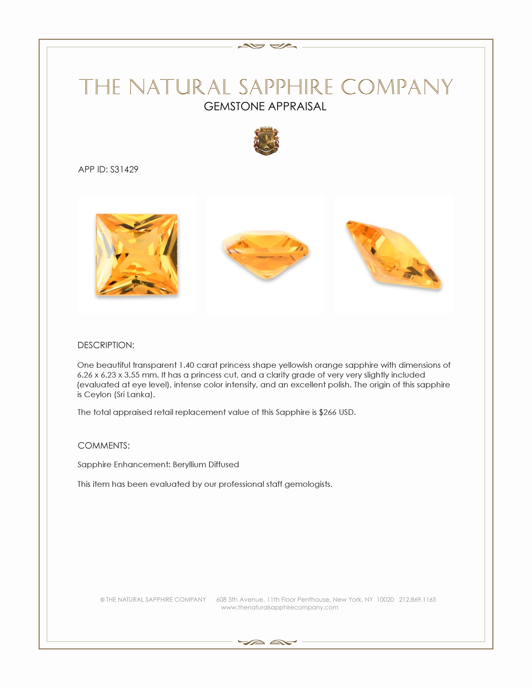 1.40 Ct. Yellowish Orange Sapphire from Ceylon (Sri Lanka)