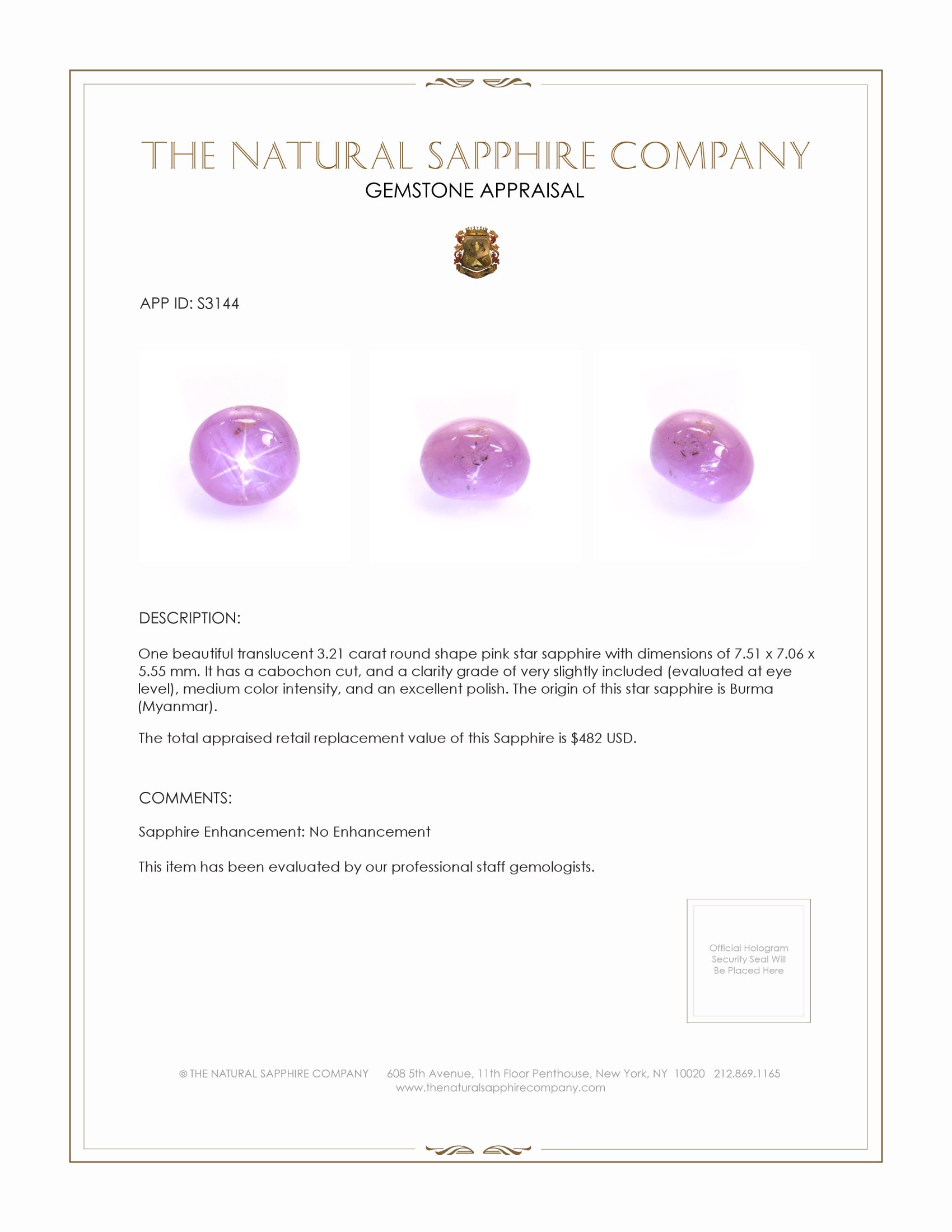3.21 Ct. Pink Star Sapphire from Burma (Myanmar)