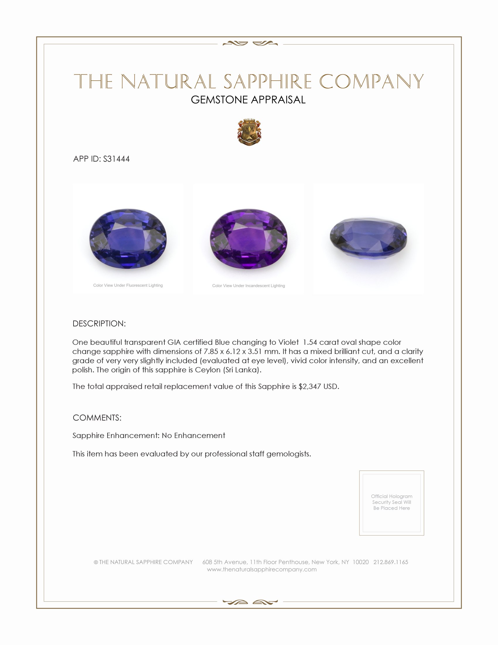 1.54 Ct. Color Change Sapphire from Ceylon (Sri Lanka)
