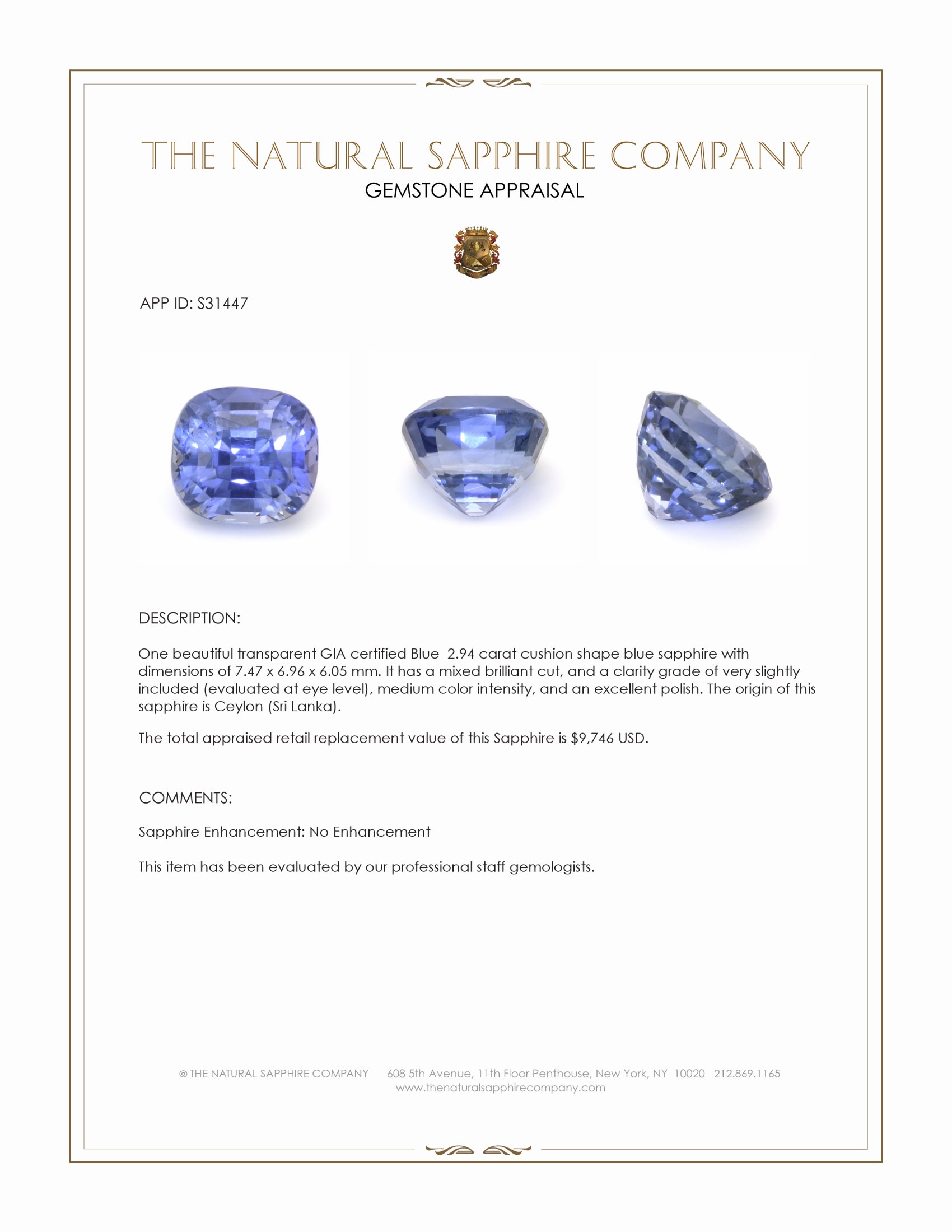 2.94 Ct. Blue Sapphire from Ceylon (Sri Lanka)