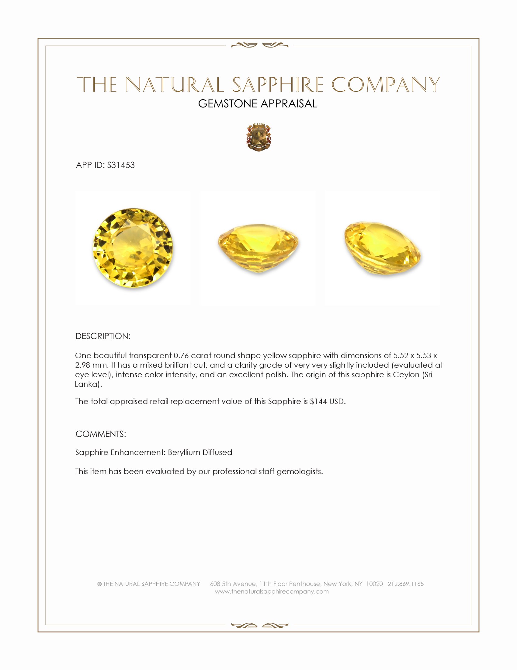 0.76 Ct. Yellow Sapphire from Ceylon (Sri Lanka)