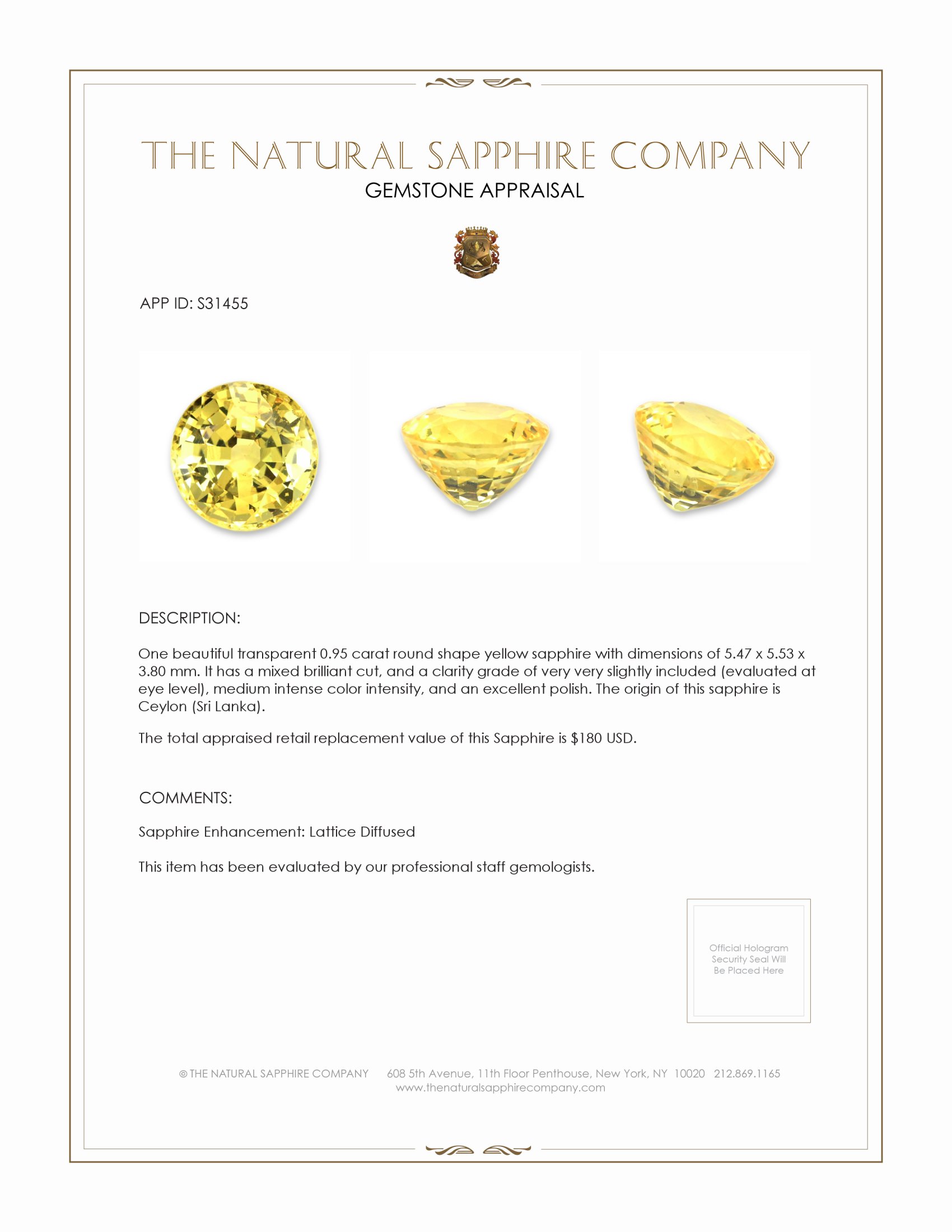 0.95 Ct. Yellow Sapphire from Ceylon (Sri Lanka)
