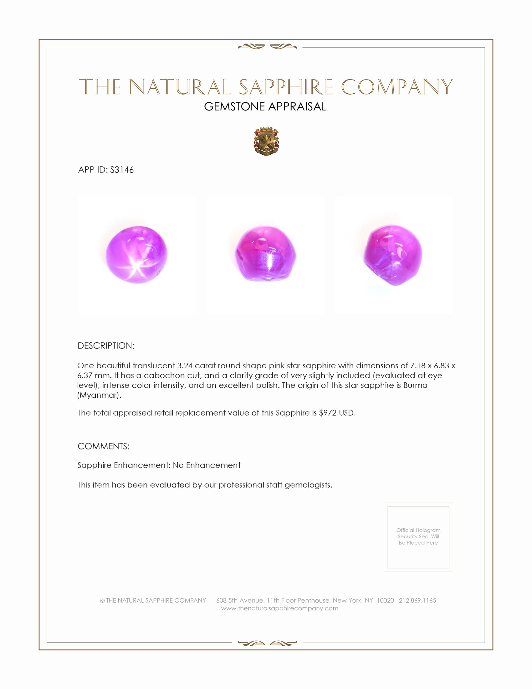 3.24 Ct. Pink Star Sapphire from Burma (Myanmar)