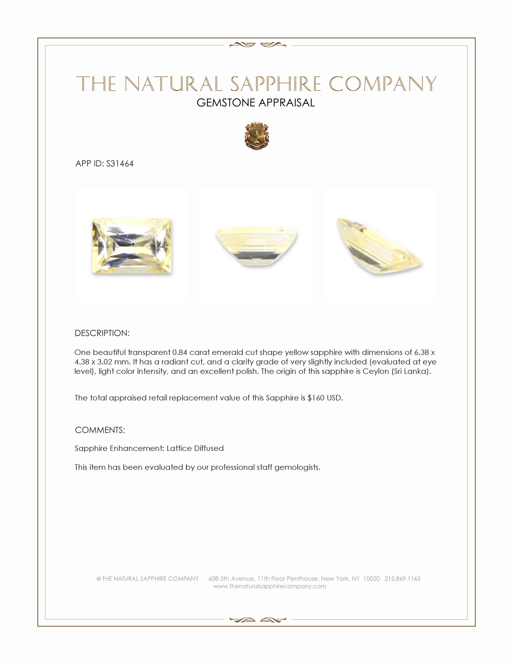 0.84 Ct. Yellow Sapphire from Ceylon (Sri Lanka)