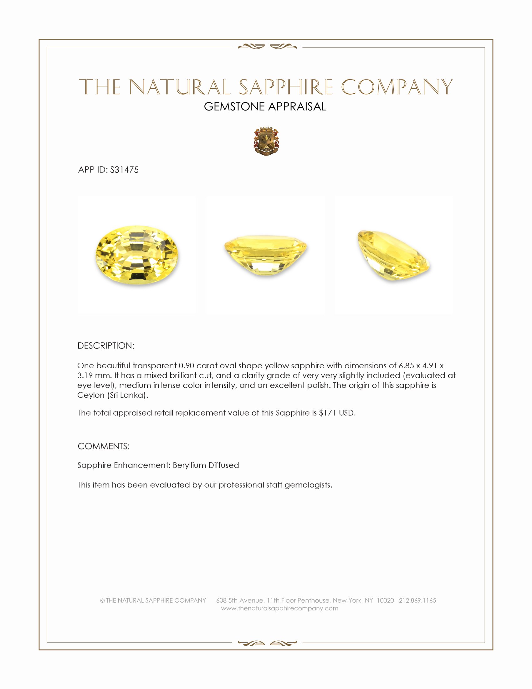 0.90 Ct. Yellow Sapphire from Ceylon (Sri Lanka)