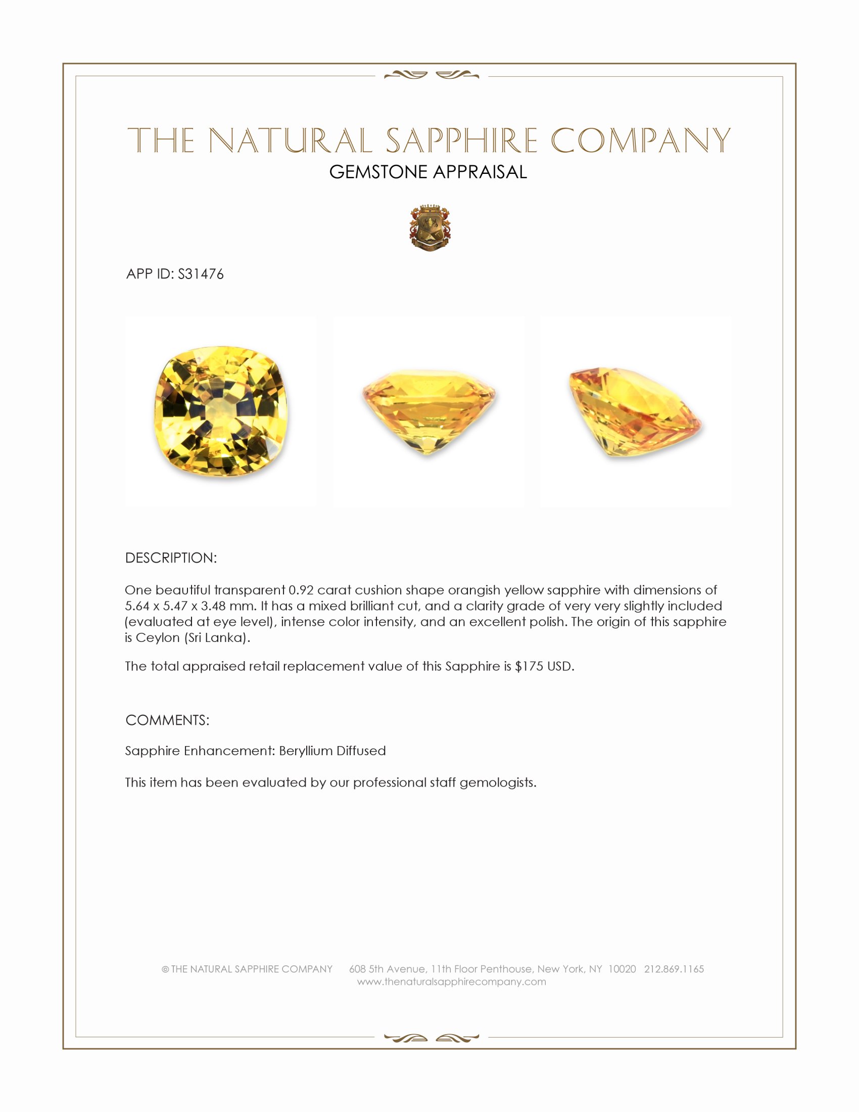 0.92 Ct. Orangish Yellow Sapphire from Ceylon (Sri Lanka)