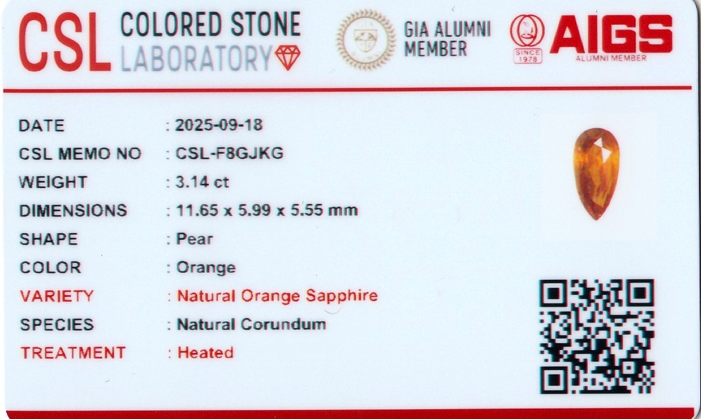 3.12 Ct. Orange Sapphire from Ceylon (Sri Lanka)