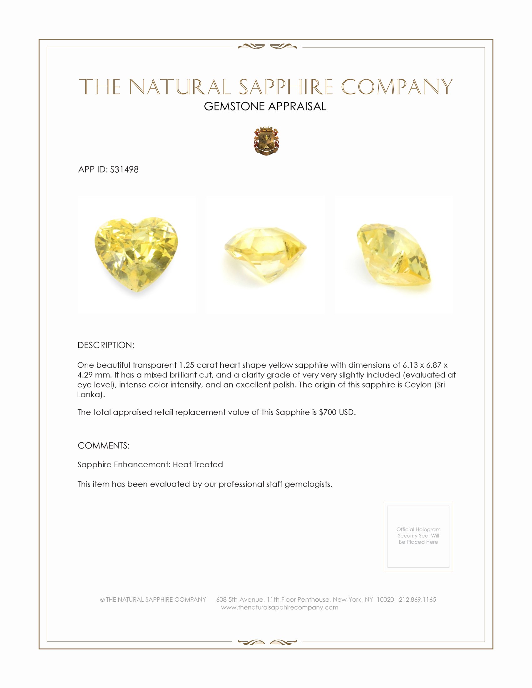 1.25 Ct. Yellow Sapphire from Ceylon (Sri Lanka)
