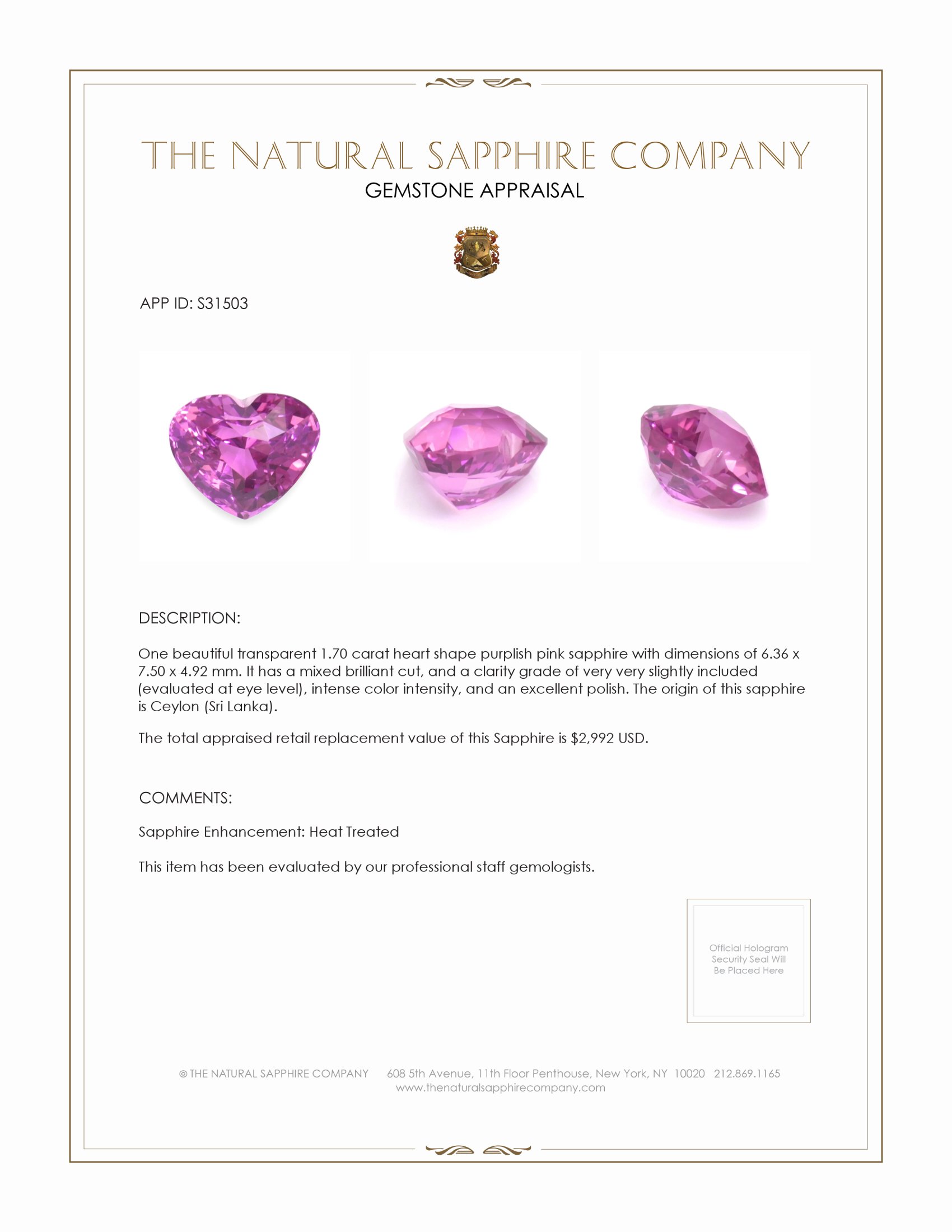 1.70 Ct. Purplish Pink Sapphire from Ceylon (Sri Lanka)