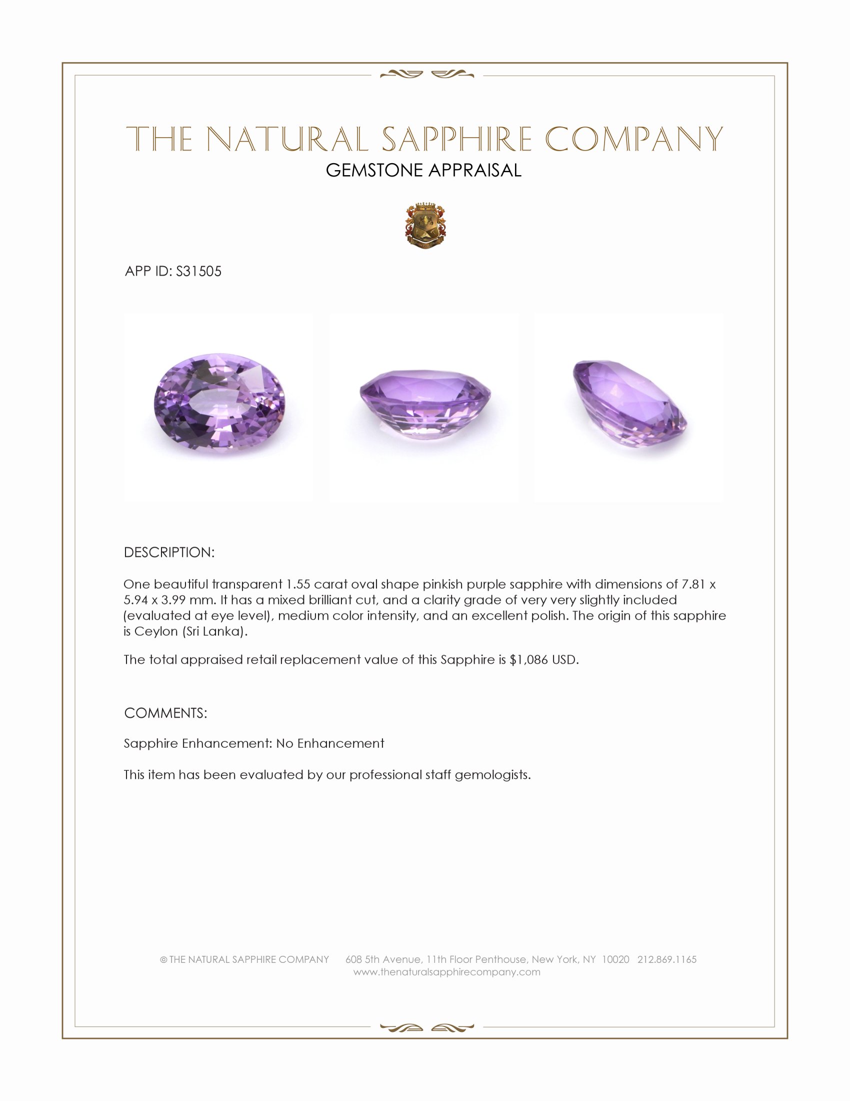 1.55 Ct. Pinkish Purple Sapphire from Ceylon (Sri Lanka)