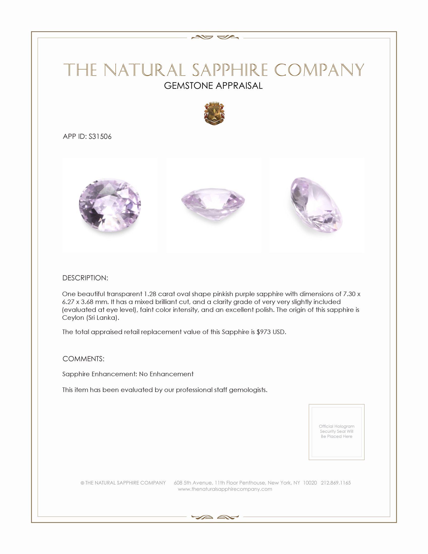 1.28 Ct. Pinkish Purple Sapphire from Ceylon (Sri Lanka)