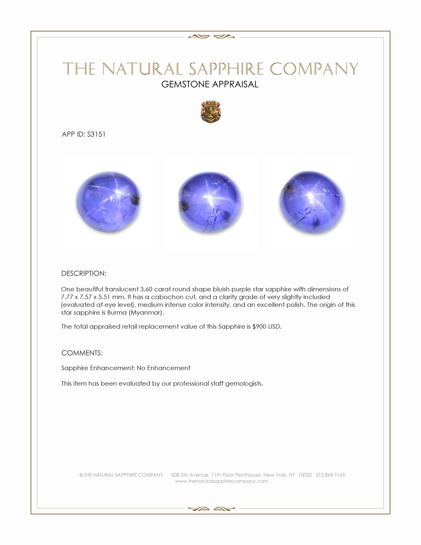 3.60 Ct. Bluish Purple Star Sapphire from Burma (Myanmar)