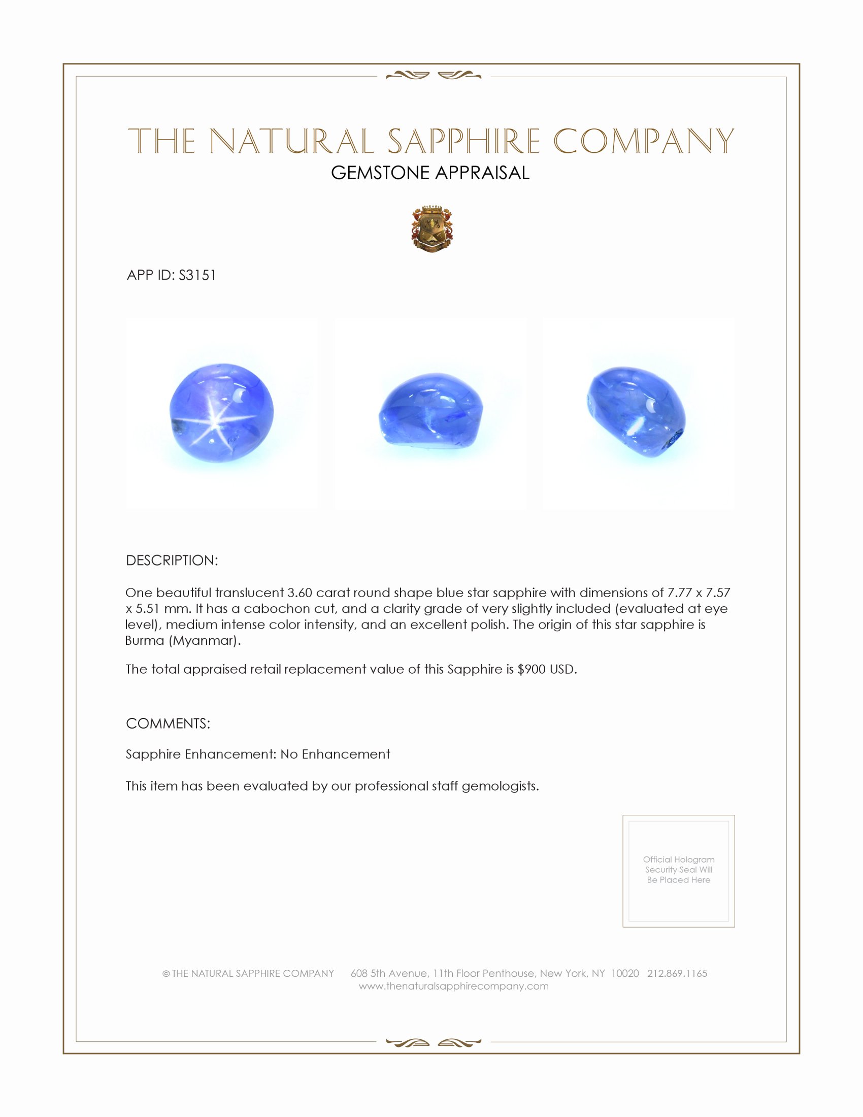 3.60 Ct. Blue Star Sapphire from Burma (Myanmar)