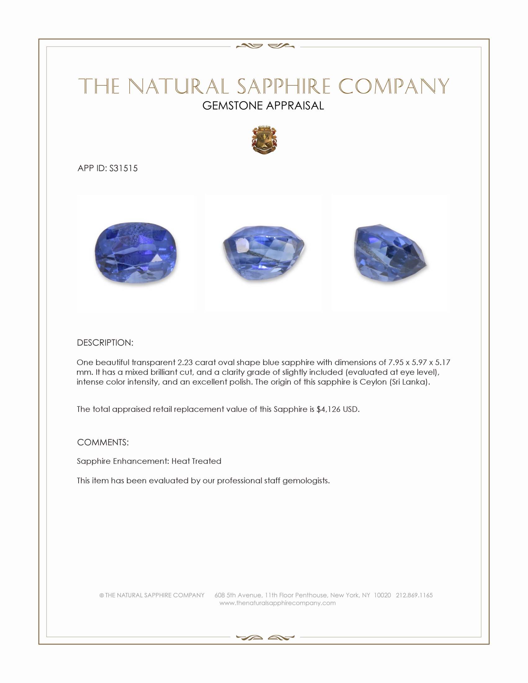 2.25 Ct. Blue Sapphire from Ceylon (Sri Lanka)