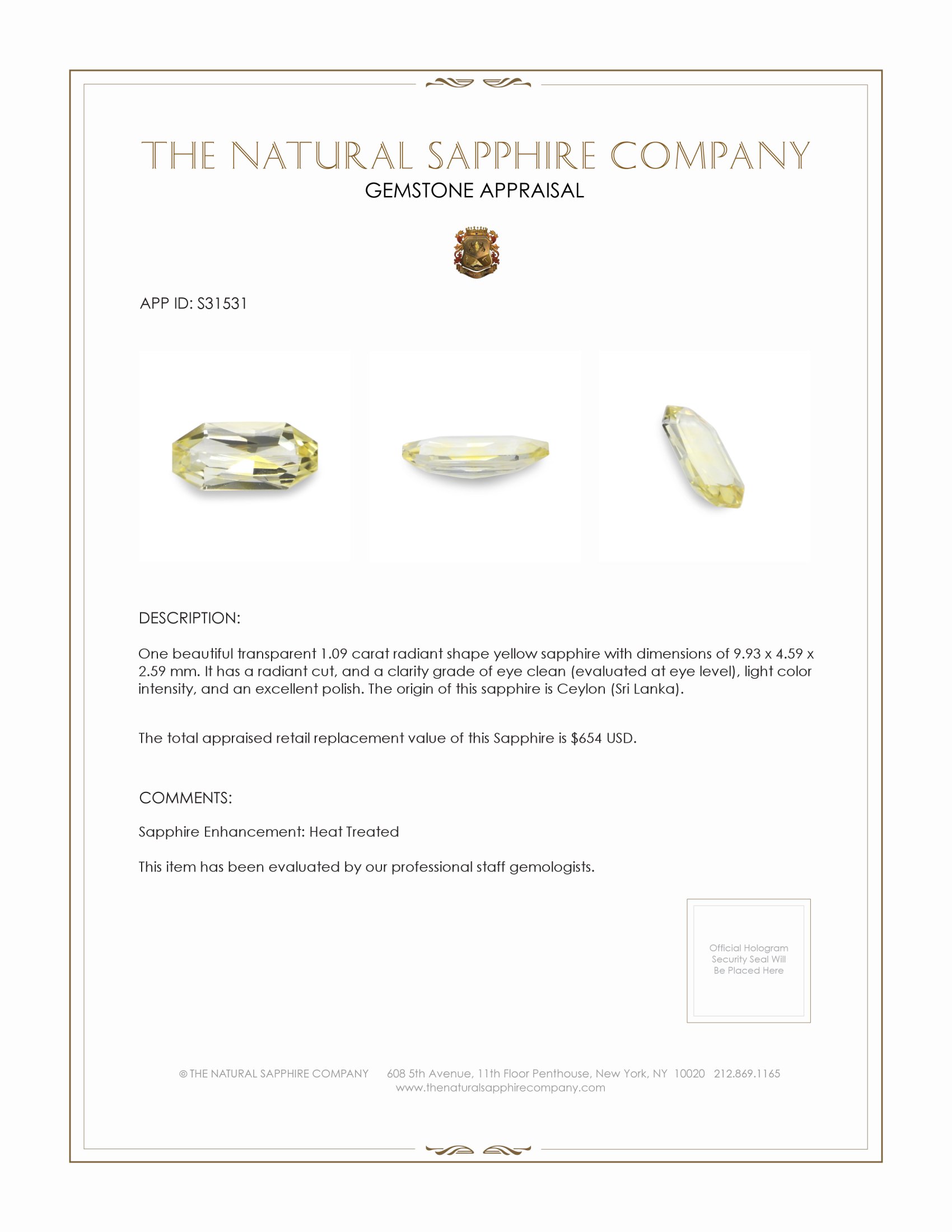 1.09 Ct. Yellow Sapphire from Ceylon (Sri Lanka)