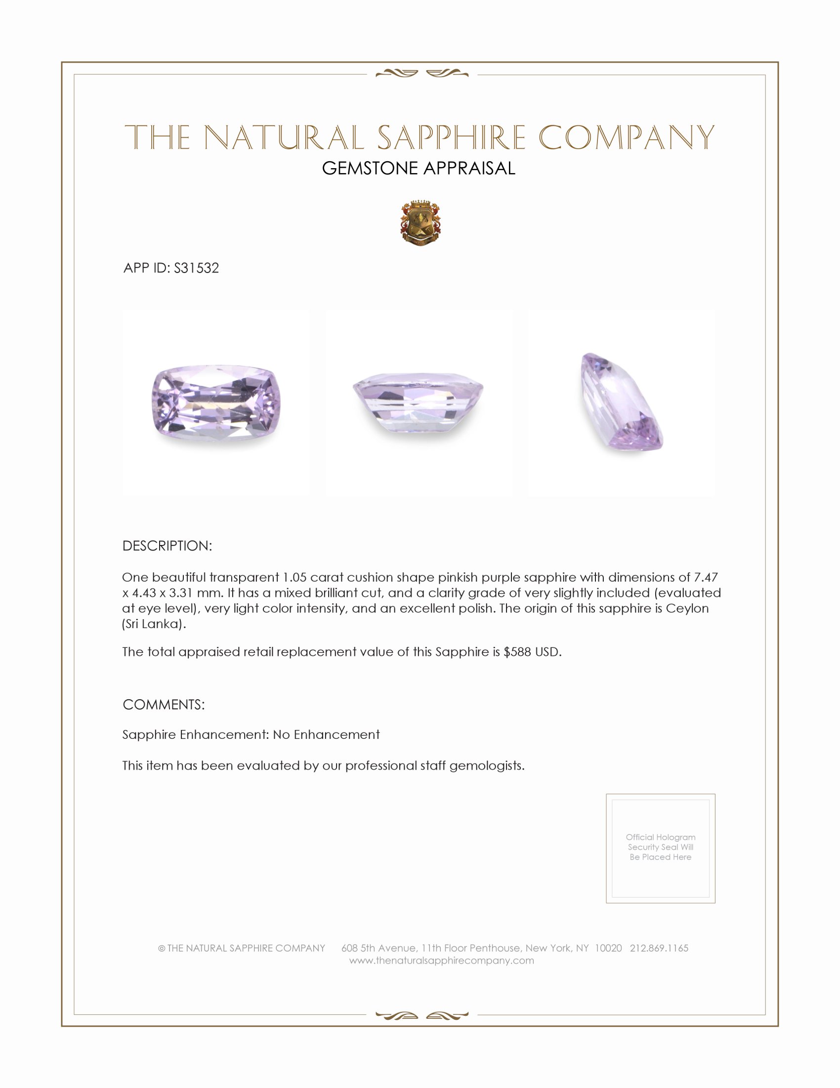 1.05 Ct. Pinkish Purple Sapphire from Ceylon (Sri Lanka)