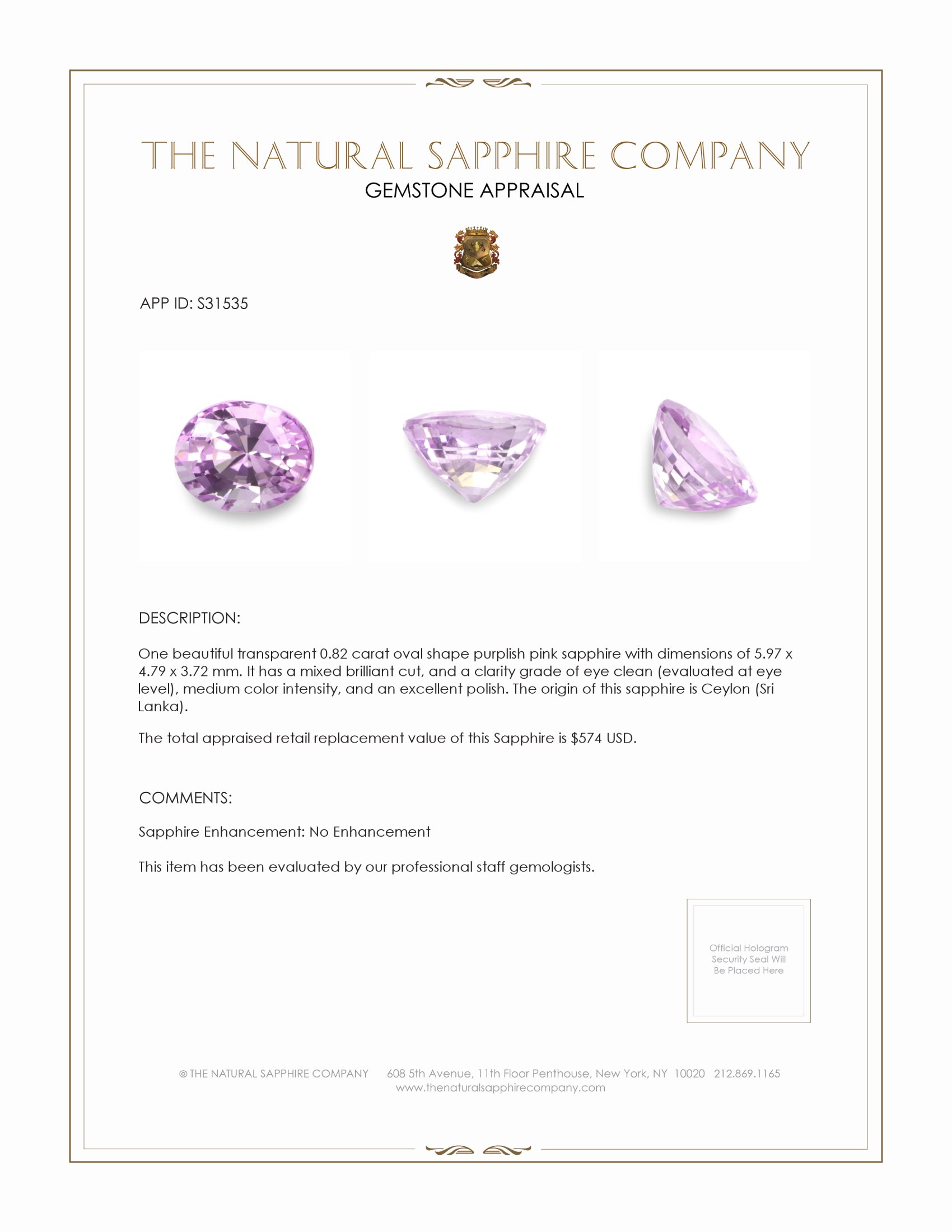 0.82 Ct. Purplish Pink Sapphire from Ceylon (Sri Lanka)