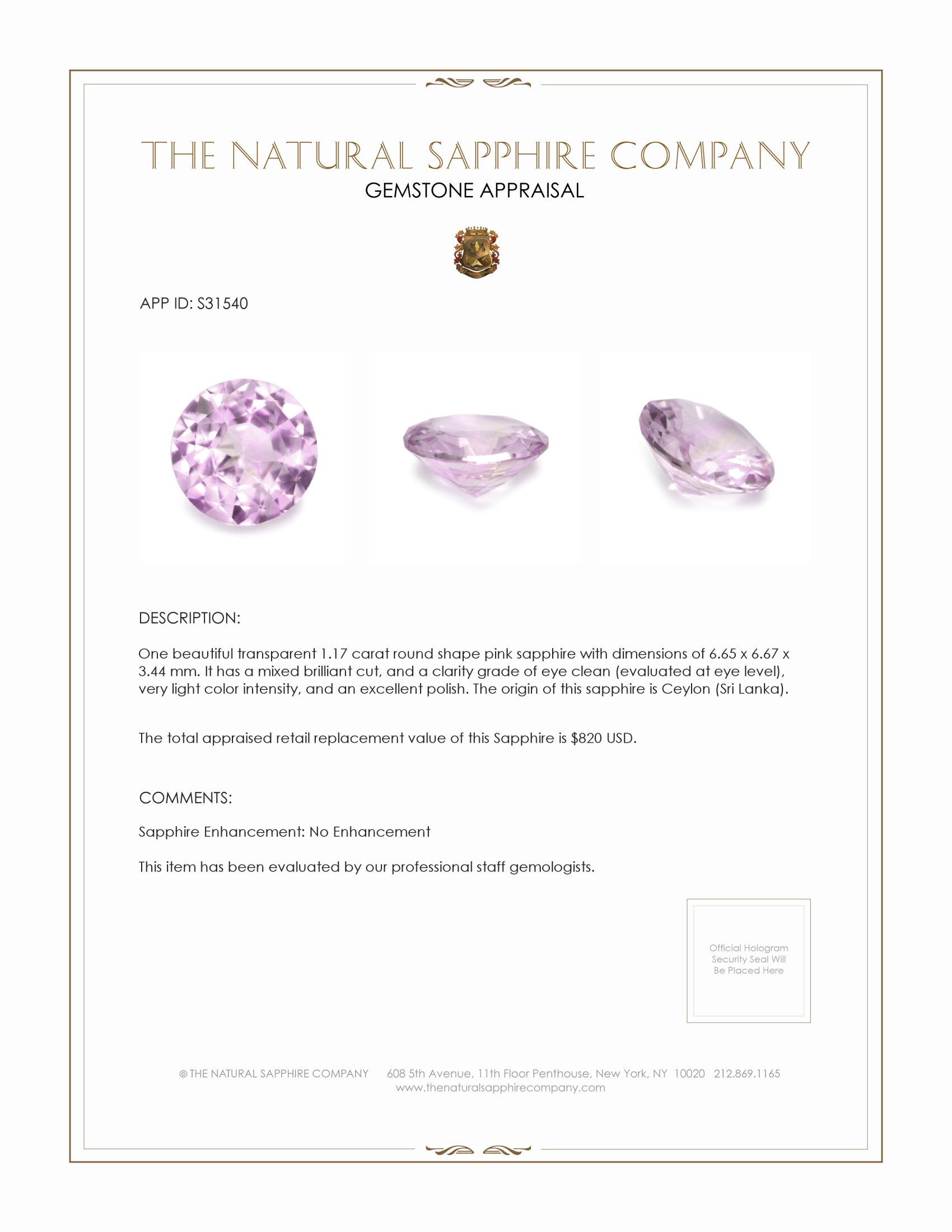 1.17 Ct. Pink Sapphire from Ceylon (Sri Lanka)