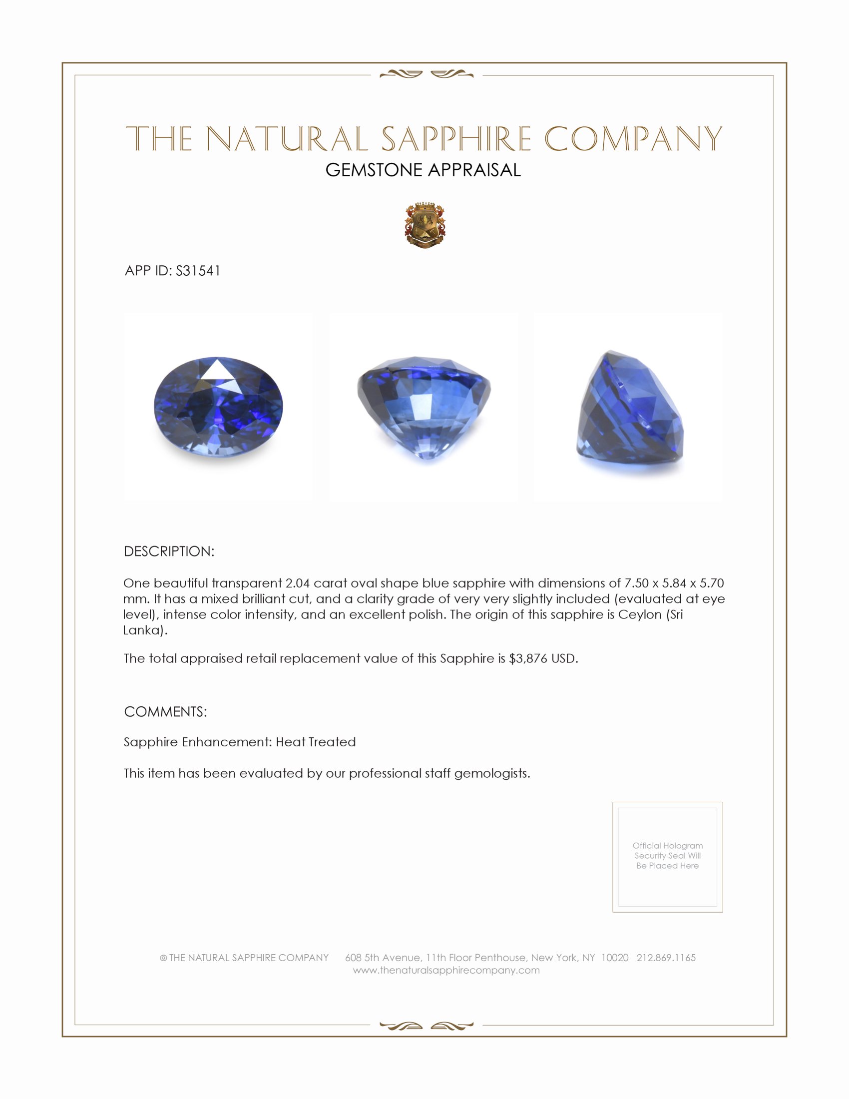 2.04 Ct. Blue Sapphire from Ceylon (Sri Lanka)