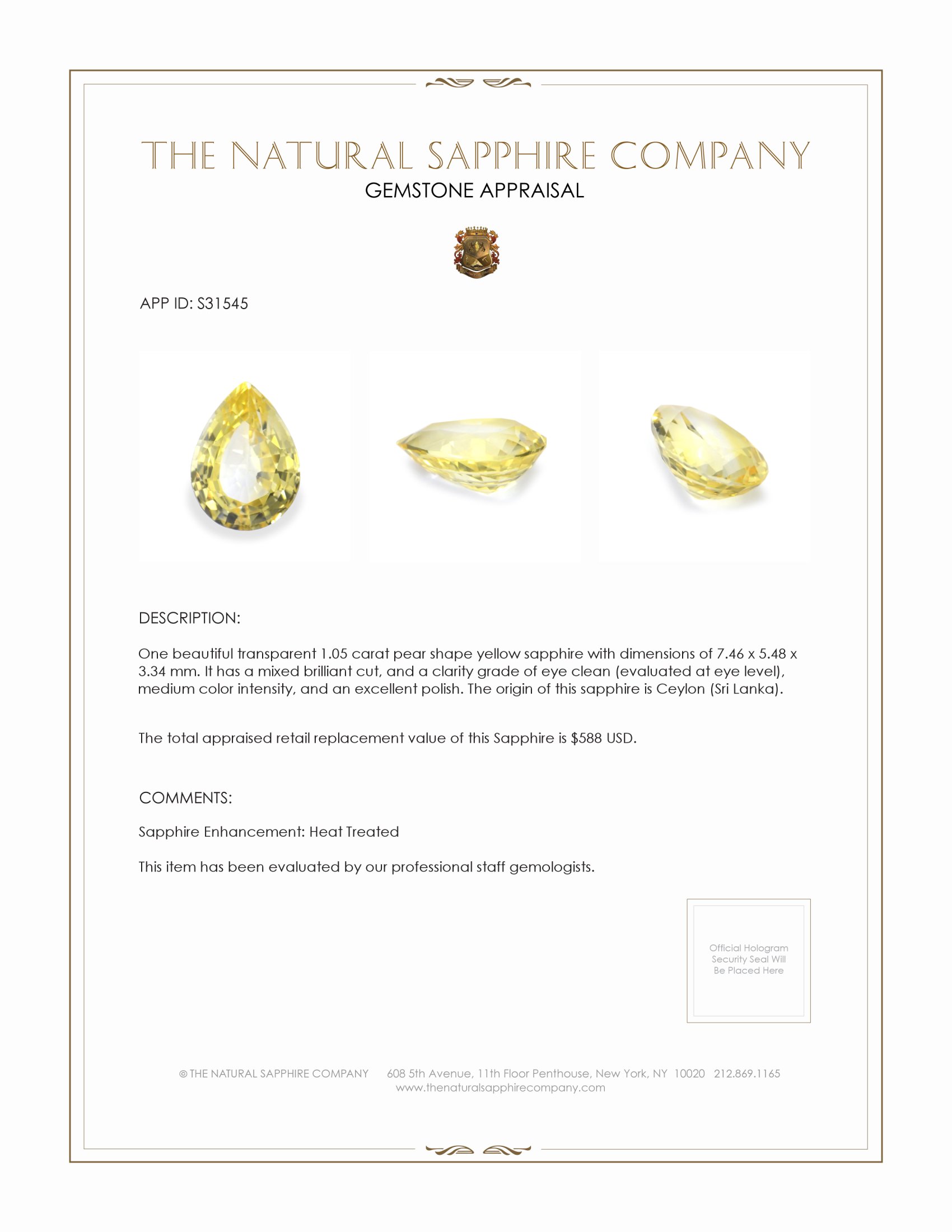 1.05 Ct. Yellow Sapphire from Ceylon (Sri Lanka)