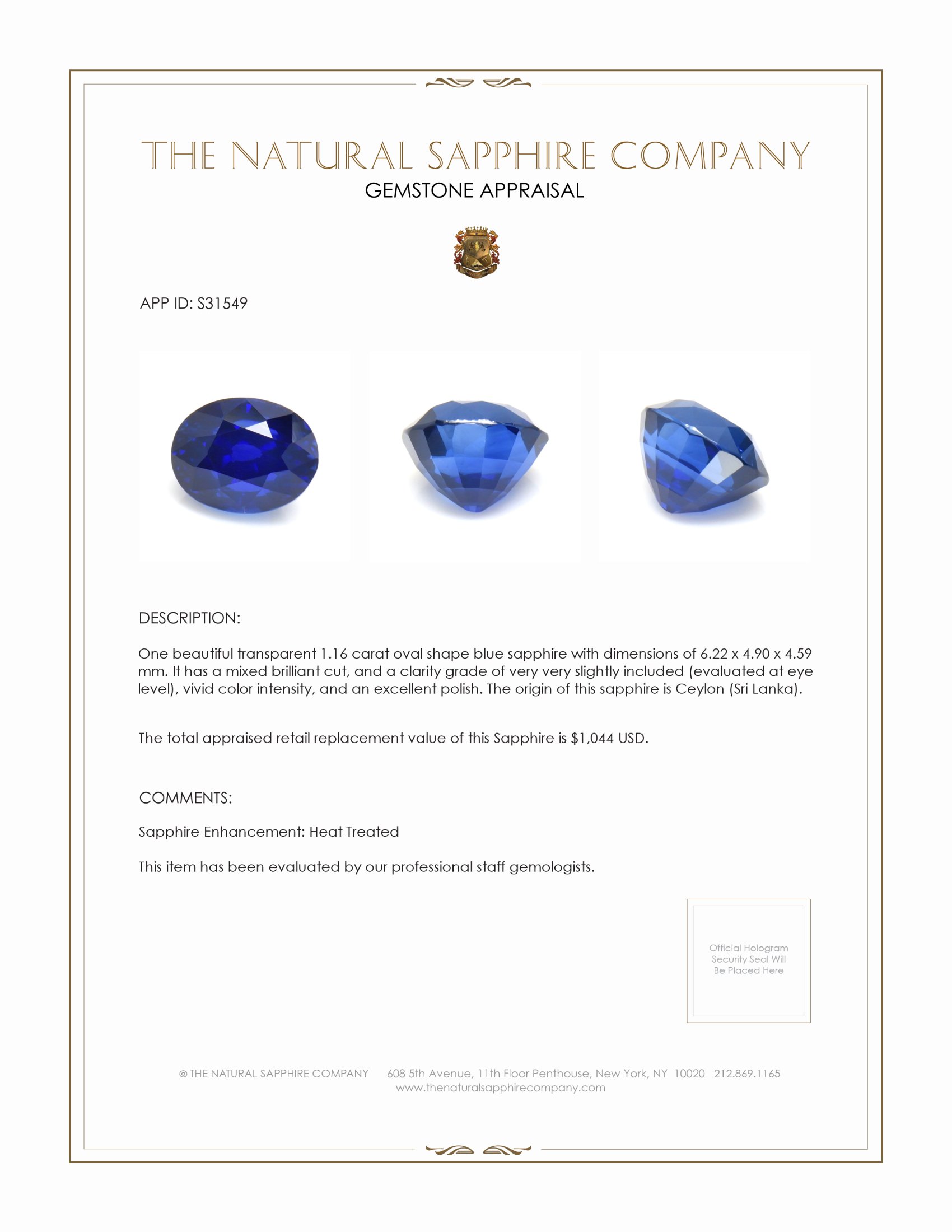 1.16 Ct. Blue Sapphire from Ceylon (Sri Lanka)